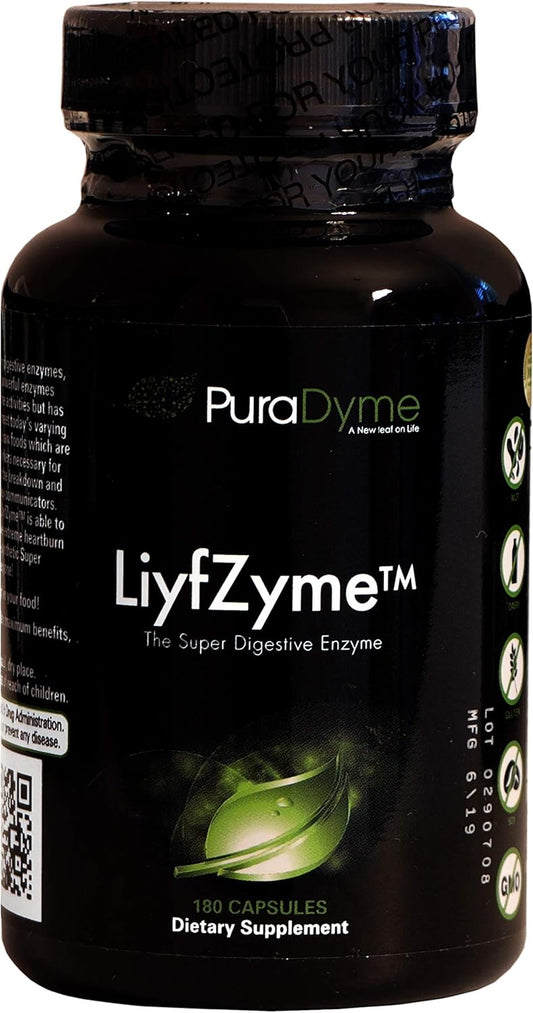 PuraDyme LiyfZyme Plant-Based Digestive Enzyme Supplement - 180 Vegan Capsules
