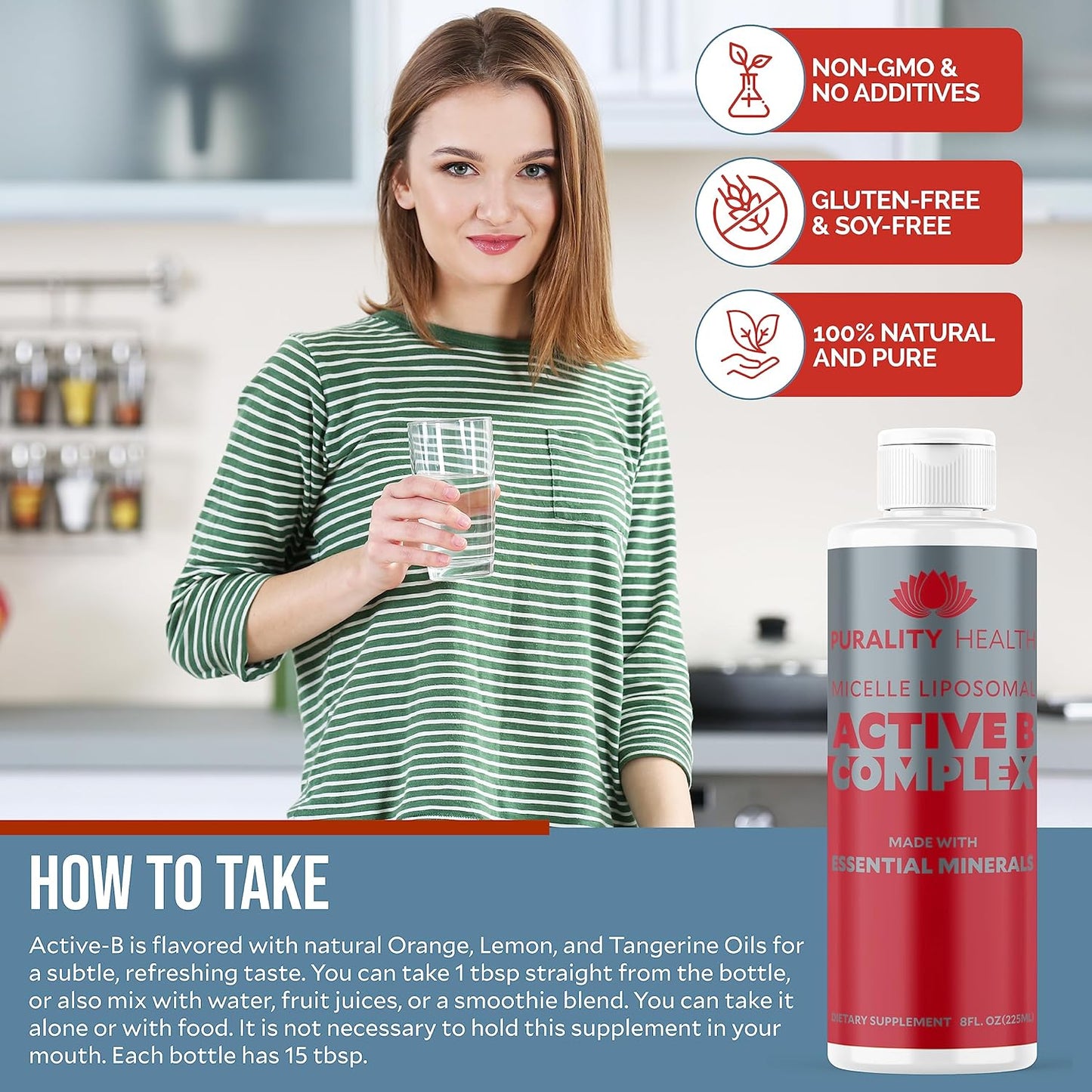 Purality Health Liposomal Vitamin B Complex Liquid Supplement with Enhanced Absorption - B1, B2, B3, B5, B6, B12, Biotin + Minerals - 15 Day Supply