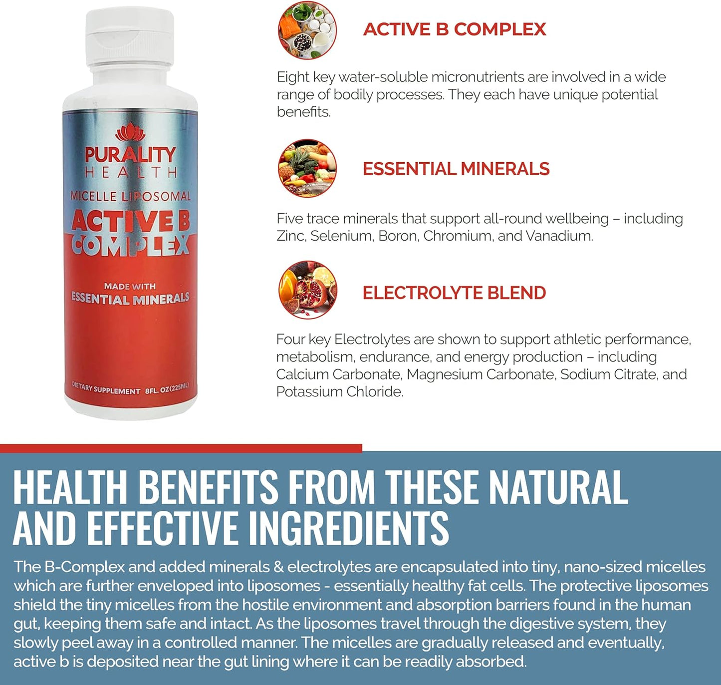 Purality Health Liposomal Vitamin B Complex Liquid Supplement with Enhanced Absorption - B1, B2, B3, B5, B6, B12, Biotin + Minerals - 15 Day Supply