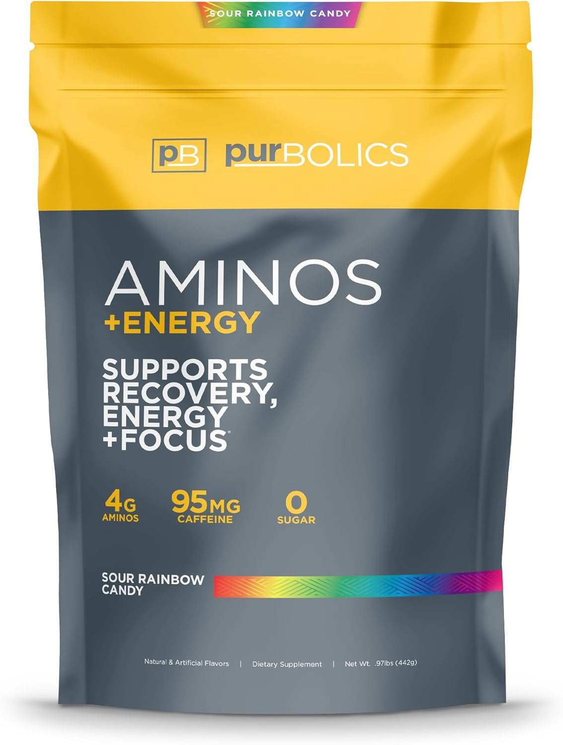 Purbolics Aminos + Energy Supplement - Boost Recovery, Energy, and Focus with 95mg of Caffeine - Sugar-Free Sour Rainbow Candy Flavor - 60 Servings