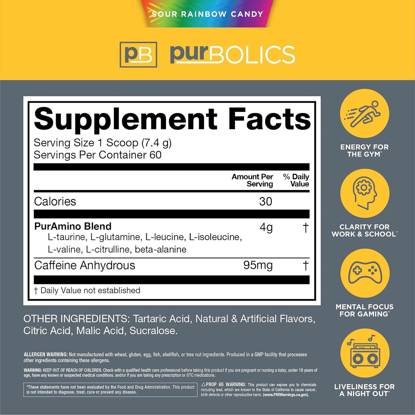 Purbolics Aminos + Energy Supplement - Boost Recovery, Energy, and Focus with 95mg of Caffeine - Sugar-Free Sour Rainbow Candy Flavor - 60 Servings
