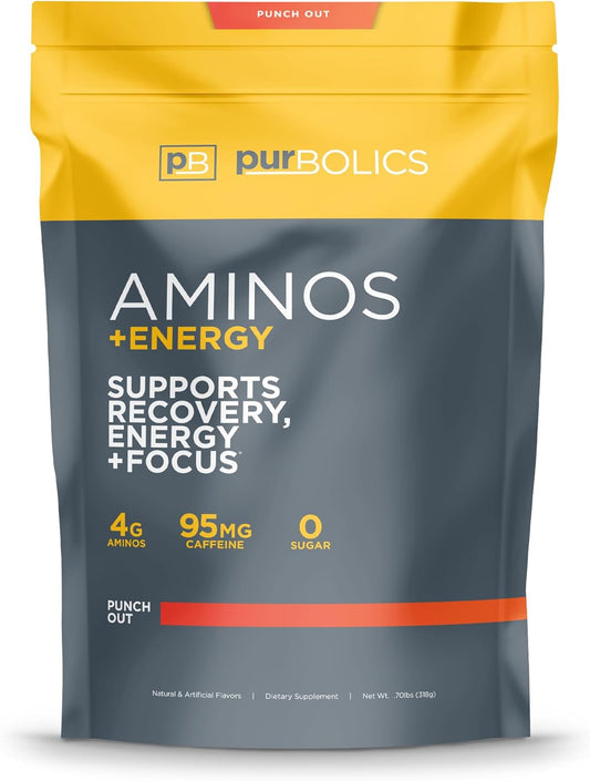 Purbolics Aminos + Energy Supplement - Boosts Recovery, Energy & Focus - 95mg Caffeine, 0 Sugar - 60 Servings