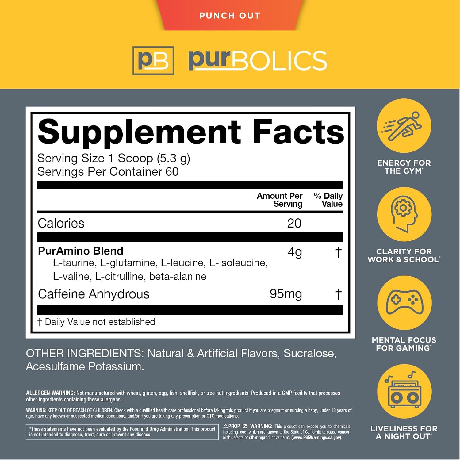 Purbolics Aminos + Energy Supplement - Boosts Recovery, Energy & Focus - 95mg Caffeine, 0 Sugar - 60 Servings