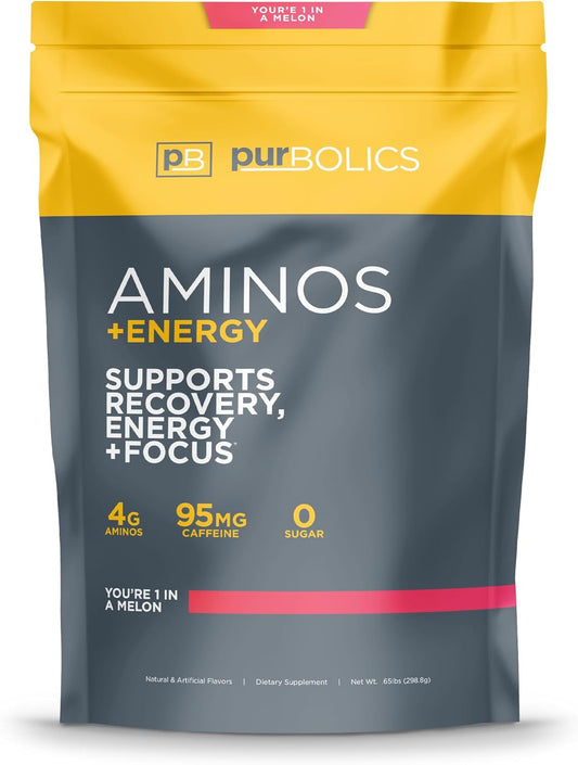Purbolics Aminos + Energy Supplement | Enhances Recovery, Energy, & Focus | 95mg Caffeine, No Sugar | 60 Servings