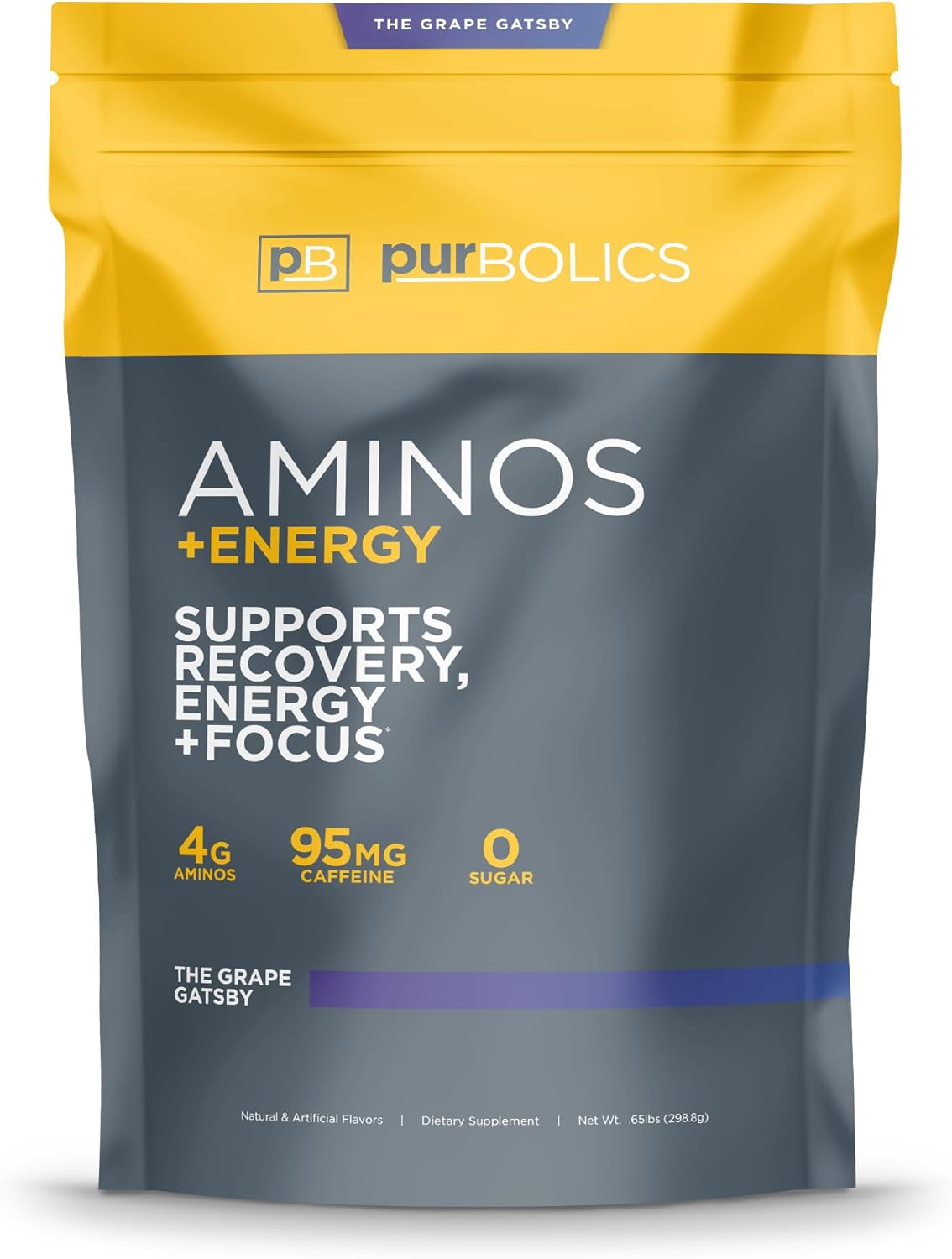 Purbolics Aminos + Energy Supplement for Recovery, Energy, and Focus - The Grape Gatsby Flavor - 95mg Caffeine, 0 Sugar, 60 Servings