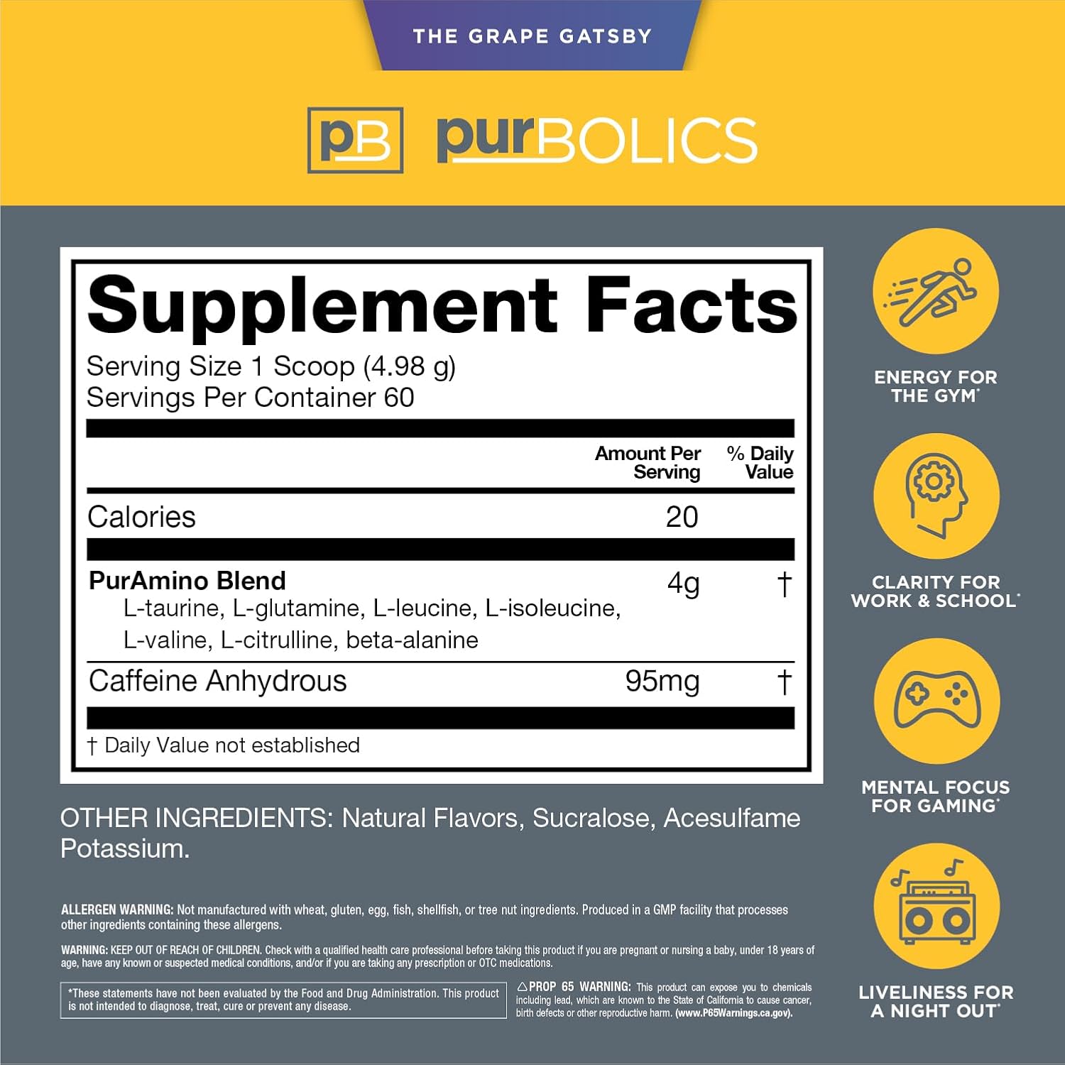 Purbolics Aminos + Energy Supplement for Recovery, Energy, and Focus - The Grape Gatsby Flavor - 95mg Caffeine, 0 Sugar, 60 Servings