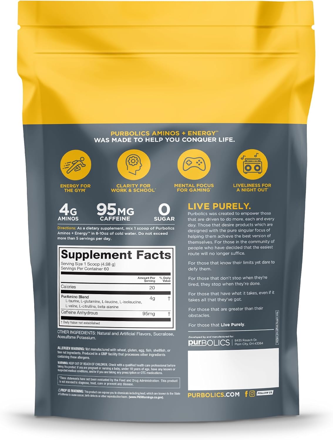 Purbolics Aminos + Energy Supplement for Recovery, Energy, and Focus - The Grape Gatsby Flavor - 95mg Caffeine, 0 Sugar, 60 Servings