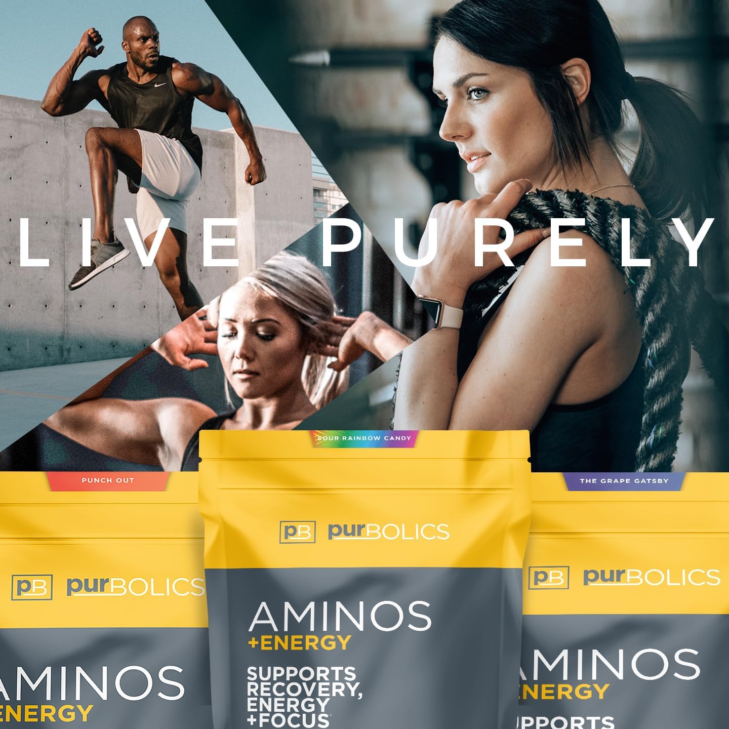 Purbolics Aminos + Energy Supplement for Recovery, Energy, and Focus - The Grape Gatsby Flavor - 95mg Caffeine, 0 Sugar, 60 Servings