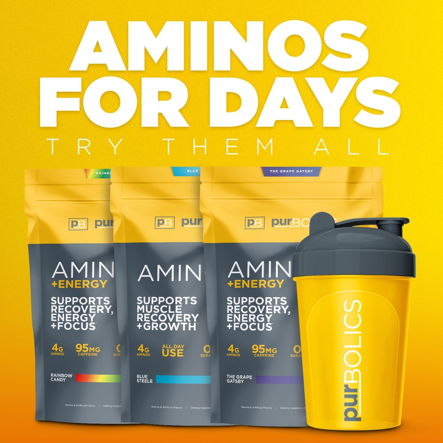 Purbolics Aminos + Energy Supplement for Recovery, Energy, and Focus - The Grape Gatsby Flavor - 95mg Caffeine, 0 Sugar, 60 Servings