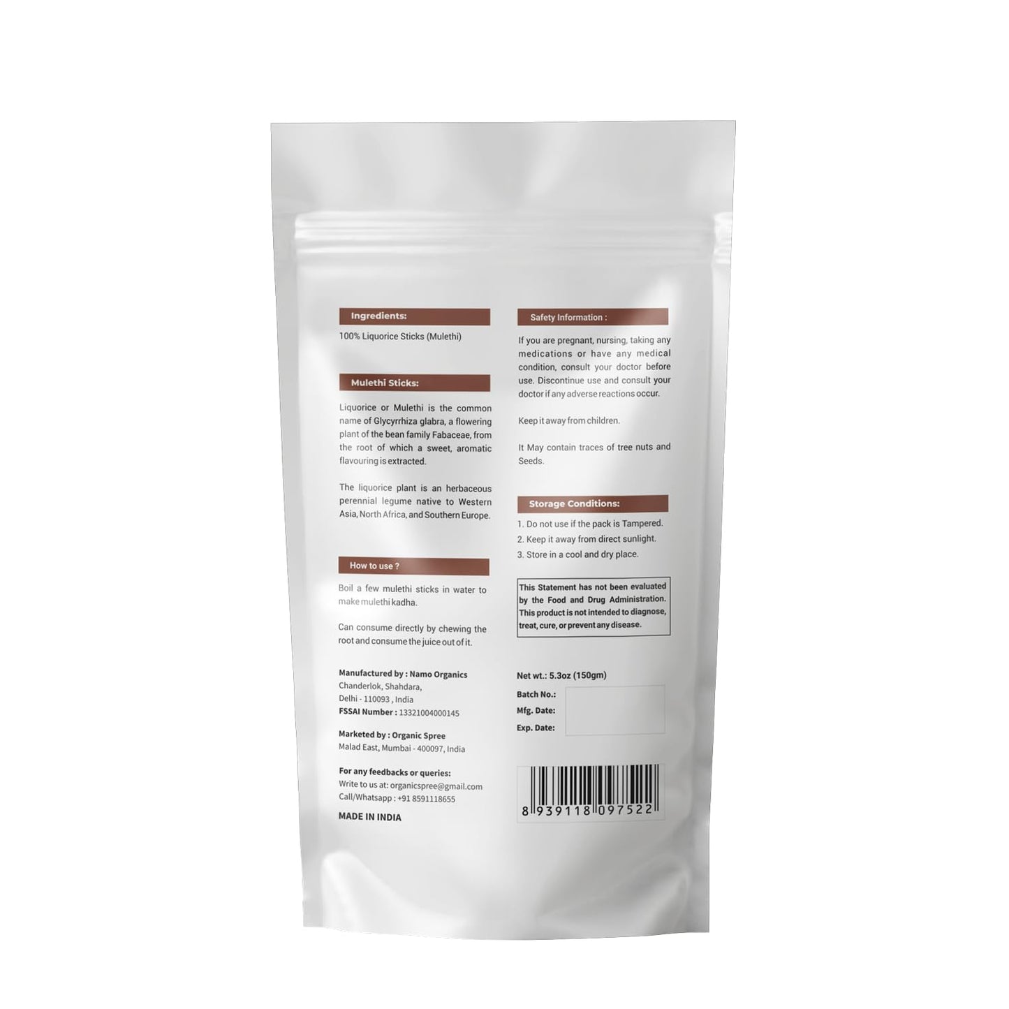 Pure and Natural Organic Spree Licorice Mulethi Sticks 5.3oz (150gm) - Yashtimadhu Jethimadh