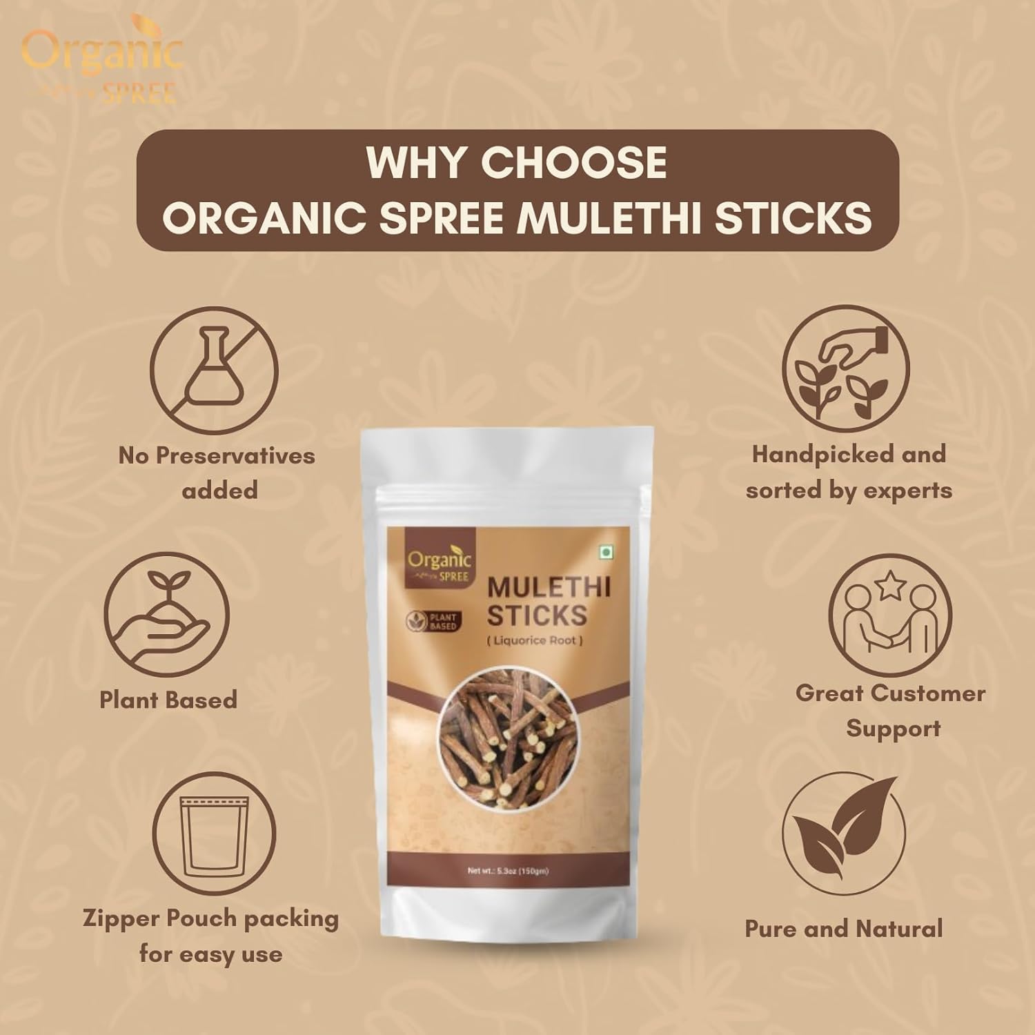 Pure and Natural Organic Spree Licorice Mulethi Sticks 5.3oz (150gm) - Yashtimadhu Jethimadh