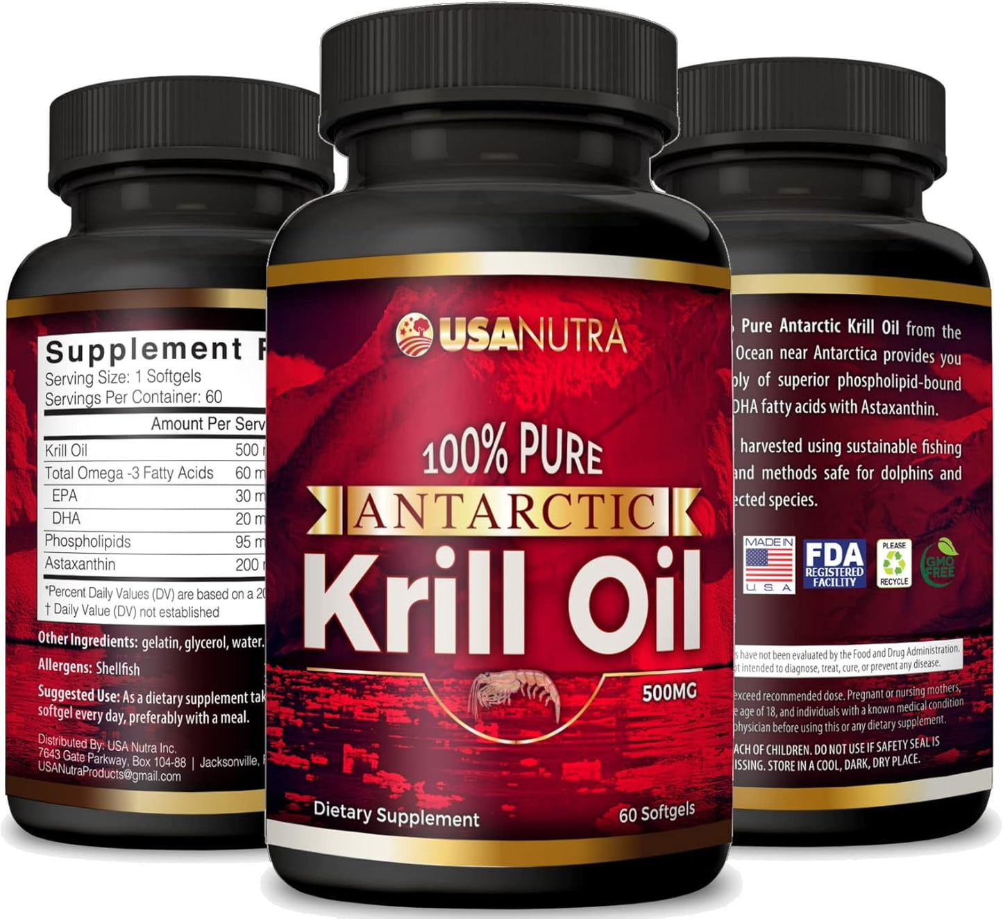 Pure Antarctic Krill Oil Softgels with Omega-3 EPA DHA Astaxanthin - 1000mg Daily (2 Softgels) - USA Made