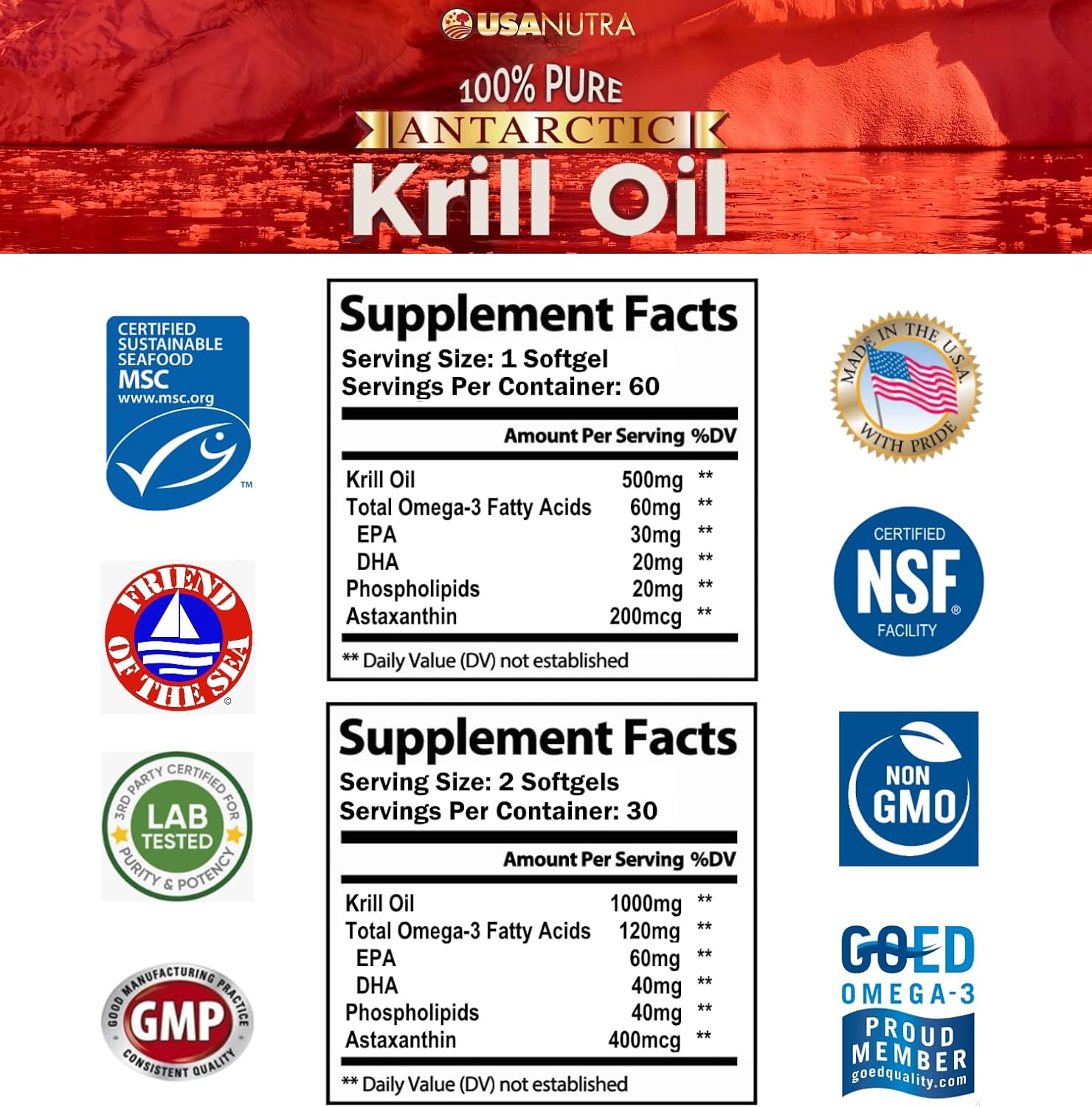 Pure Antarctic Krill Oil Softgels with Omega-3 EPA DHA Astaxanthin - 1000mg Daily (2 Softgels) - USA Made