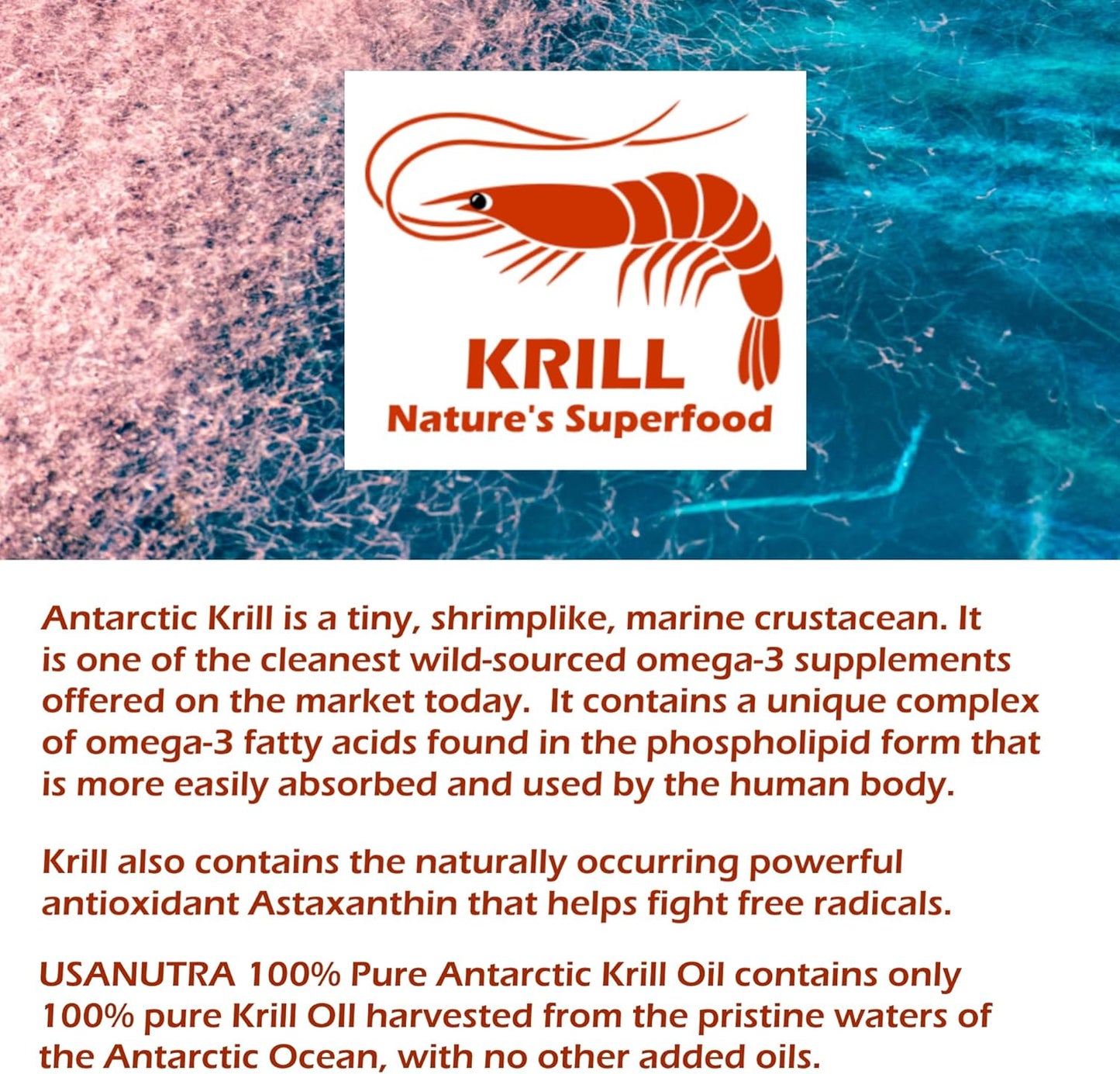 Pure Antarctic Krill Oil Softgels with Omega-3 EPA DHA Astaxanthin - 1000mg Daily (2 Softgels) - USA Made