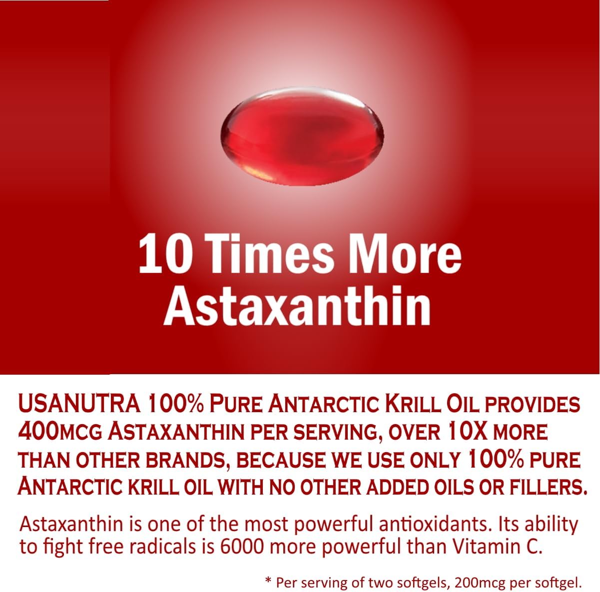 Pure Antarctic Krill Oil Softgels with Omega-3 EPA DHA Astaxanthin - 1000mg Daily (2 Softgels) - USA Made