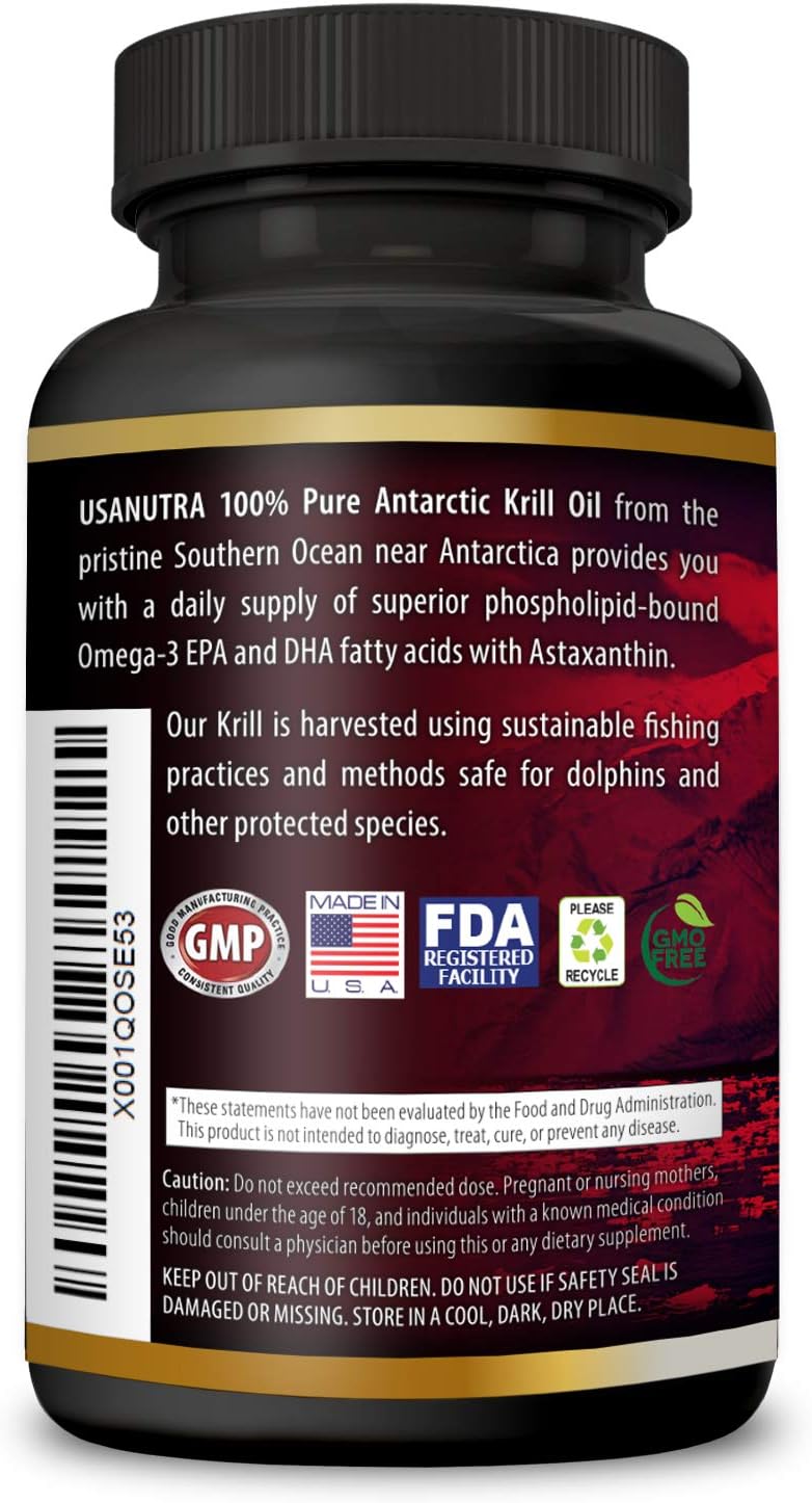 Pure Antarctic Krill Oil Softgels with Omega-3 EPA DHA Astaxanthin - 1000mg Daily (2 Softgels) - USA Made