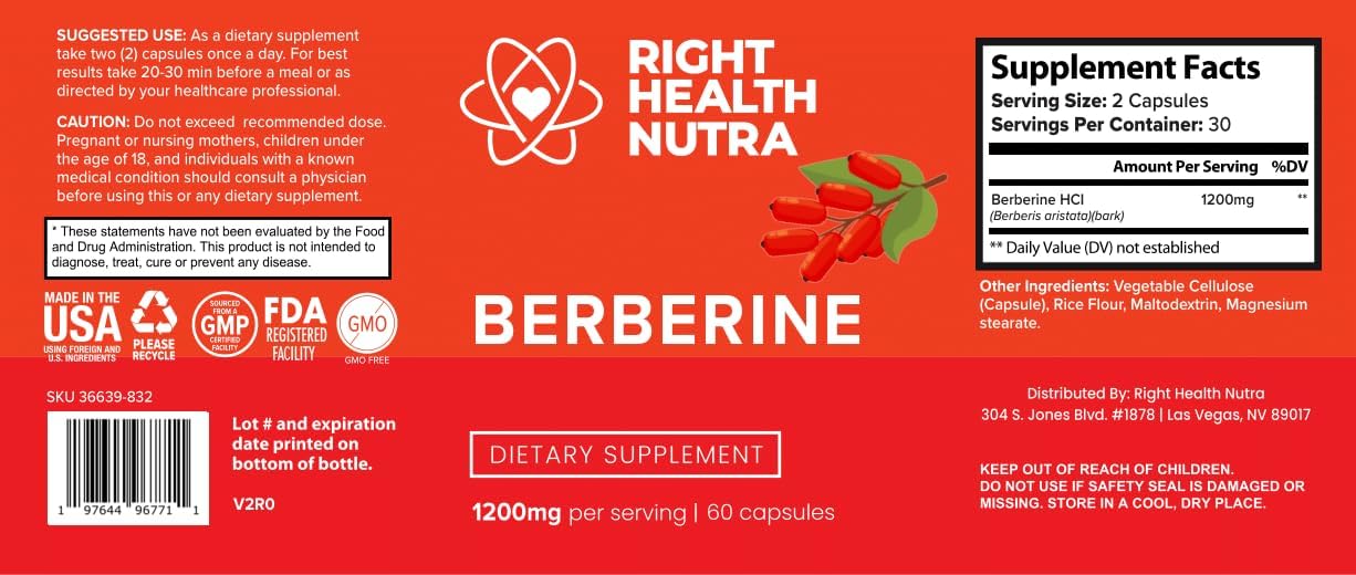 Pure Berberine Capsules - 1200mg - 60 Vegan Capsules - Immune Support & Microbiome Balance - Natural Antioxidant Formula