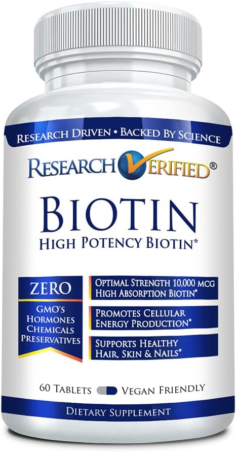 Pure Biotin Extra Strength 10,000mcg for Hair, Skin, and Nails - 60 Vegan Tablets - Made in USA