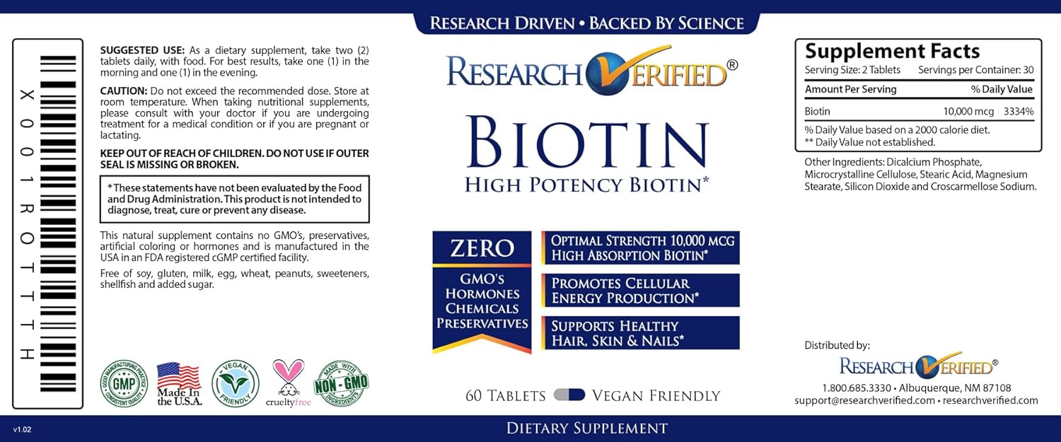 Pure Biotin Extra Strength 10,000mcg for Hair, Skin, and Nails - 60 Vegan Tablets - Made in USA
