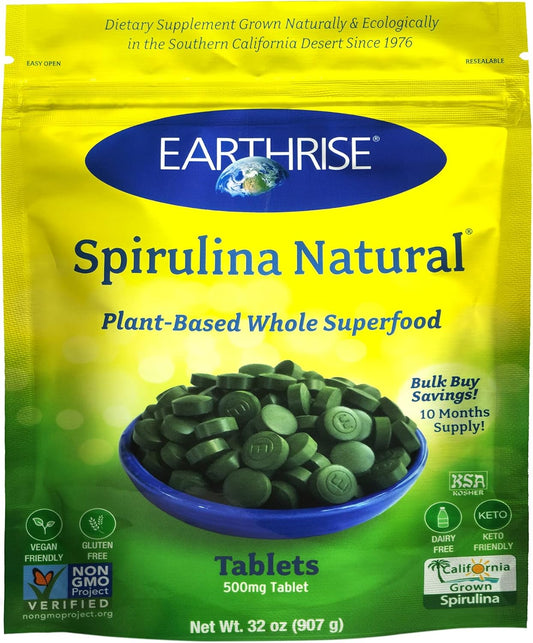 Pure Californian Earthrise Spirulina Tablets - 2LB (300 Servings) | Vegan, Gluten Free, Keto Friendly, Non-GMO Superfood Rich in Vitamins & Minerals