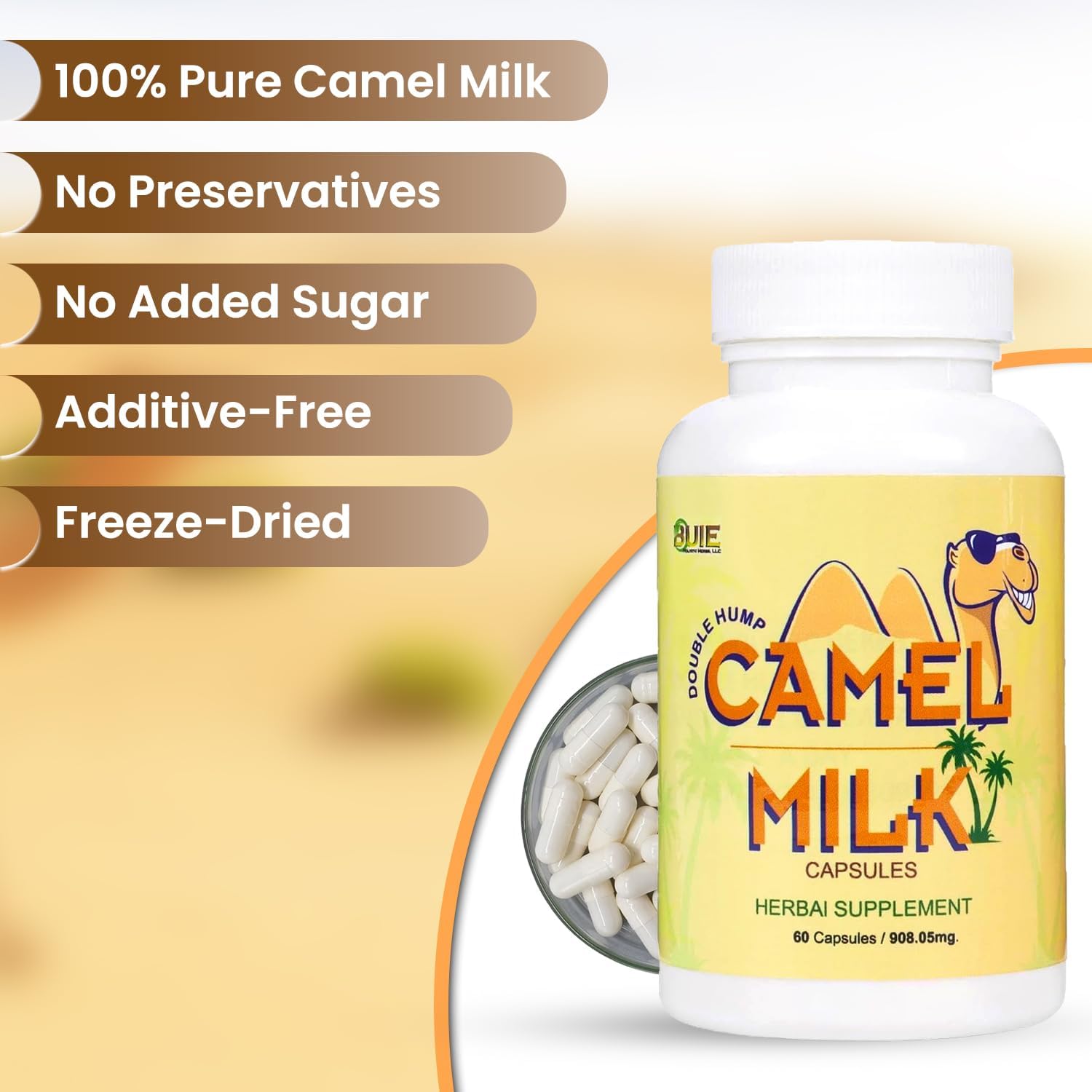 Pure Camel Milk Capsules with Herbal Supplements - 908.05mg Powder, Calcium Carbonate, Vitamin C, B1, B2 - 60 Capsules