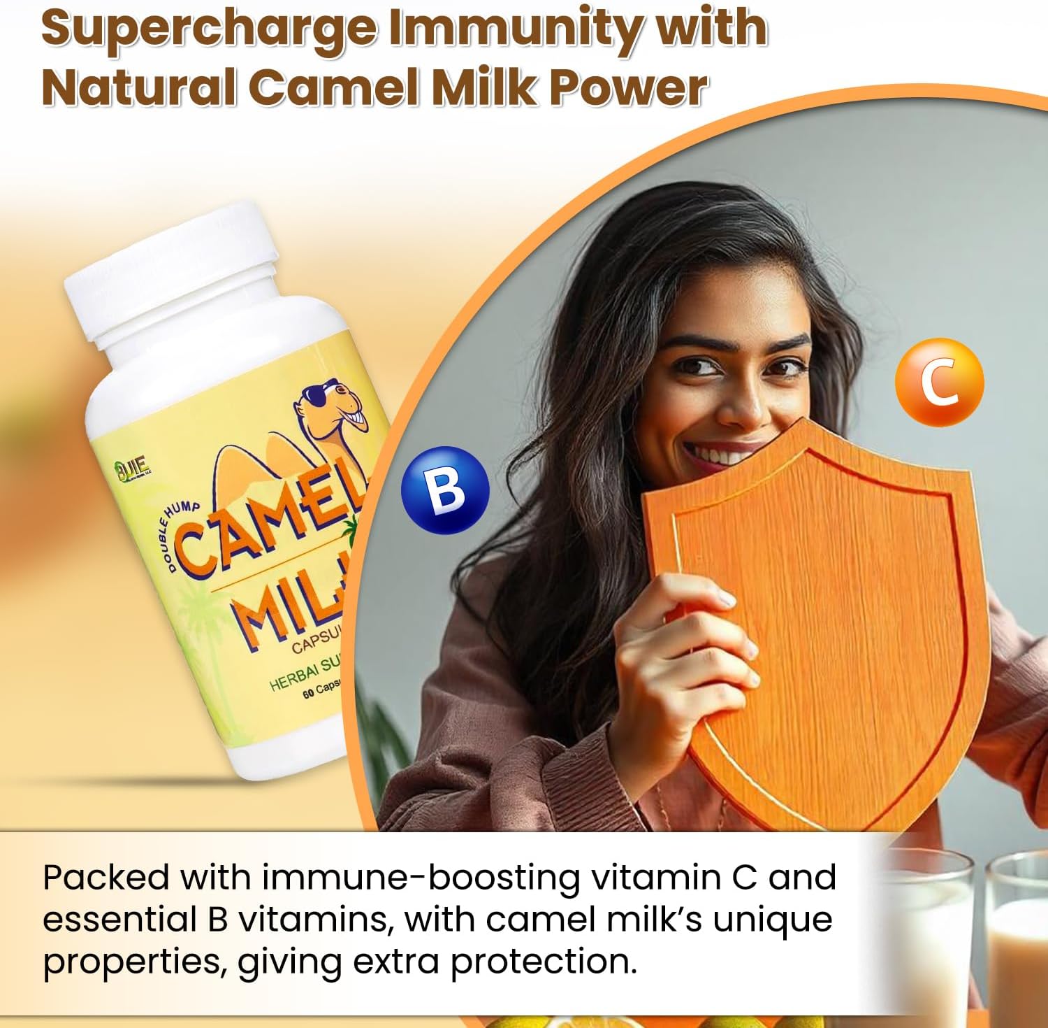 Pure Camel Milk Capsules with Herbal Supplements - 908.05mg Powder, Calcium Carbonate, Vitamin C, B1, B2 - 60 Capsules