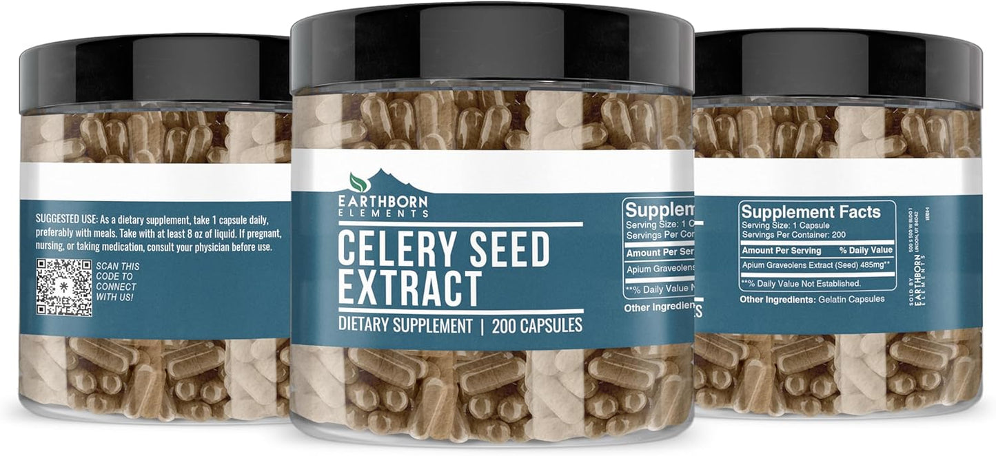 Pure Celery Seed Extract Capsules - 200 Count, Undiluted & Additive-Free by Earthborn Elements