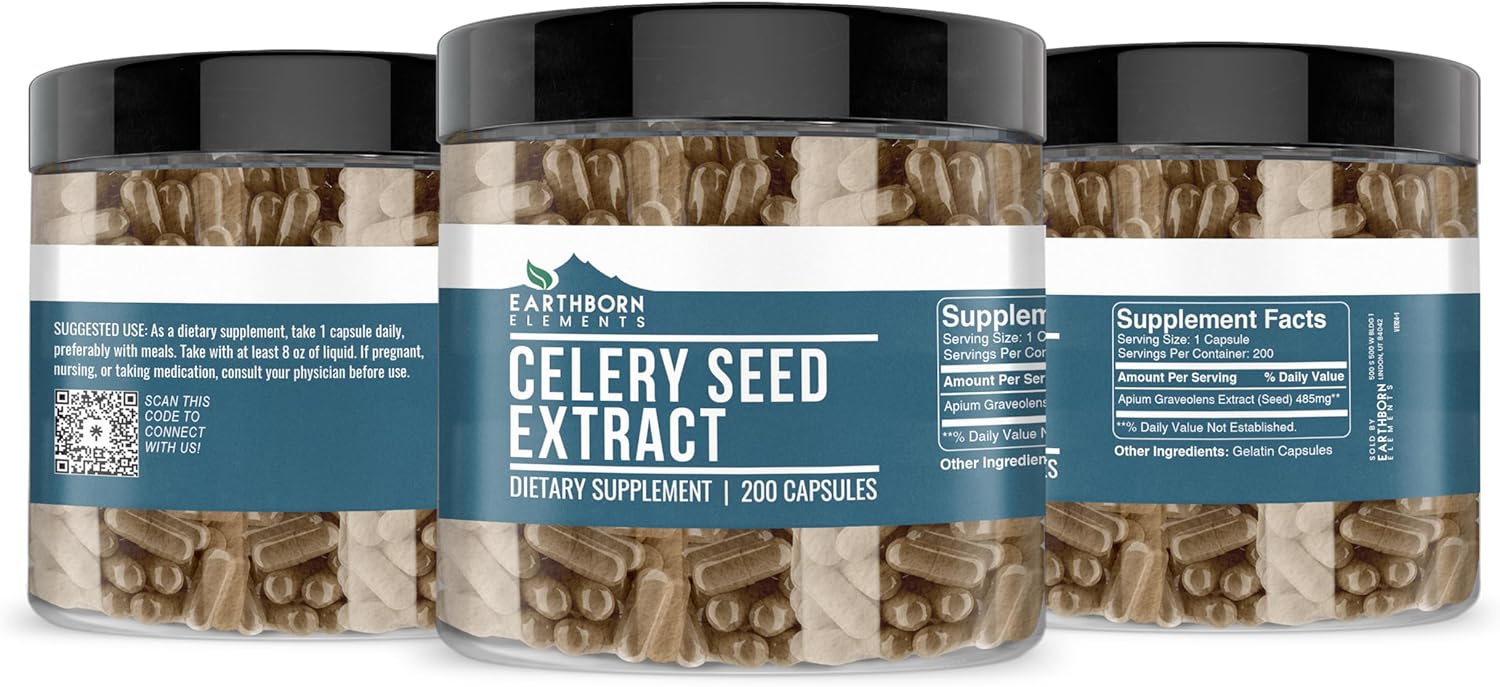 Pure Celery Seed Extract Capsules - 200 Count, Undiluted & Additive-Free by Earthborn Elements