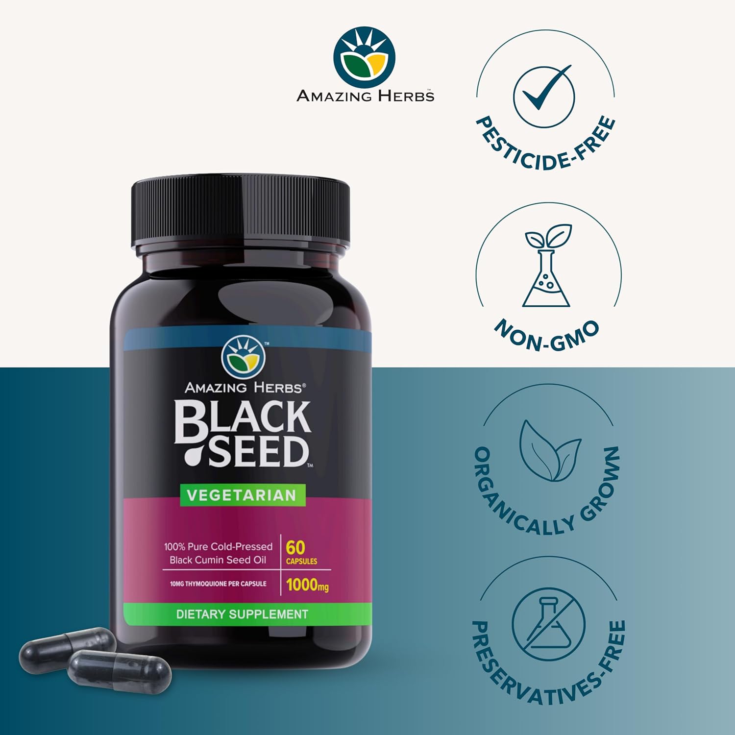 Pure Cold-Pressed Black Seed Oil Capsules - 1000mg Nigella Sativa Supplement - Non GMO Black Cumin Seed Oil Pills - 60 Vegetarian Capsules