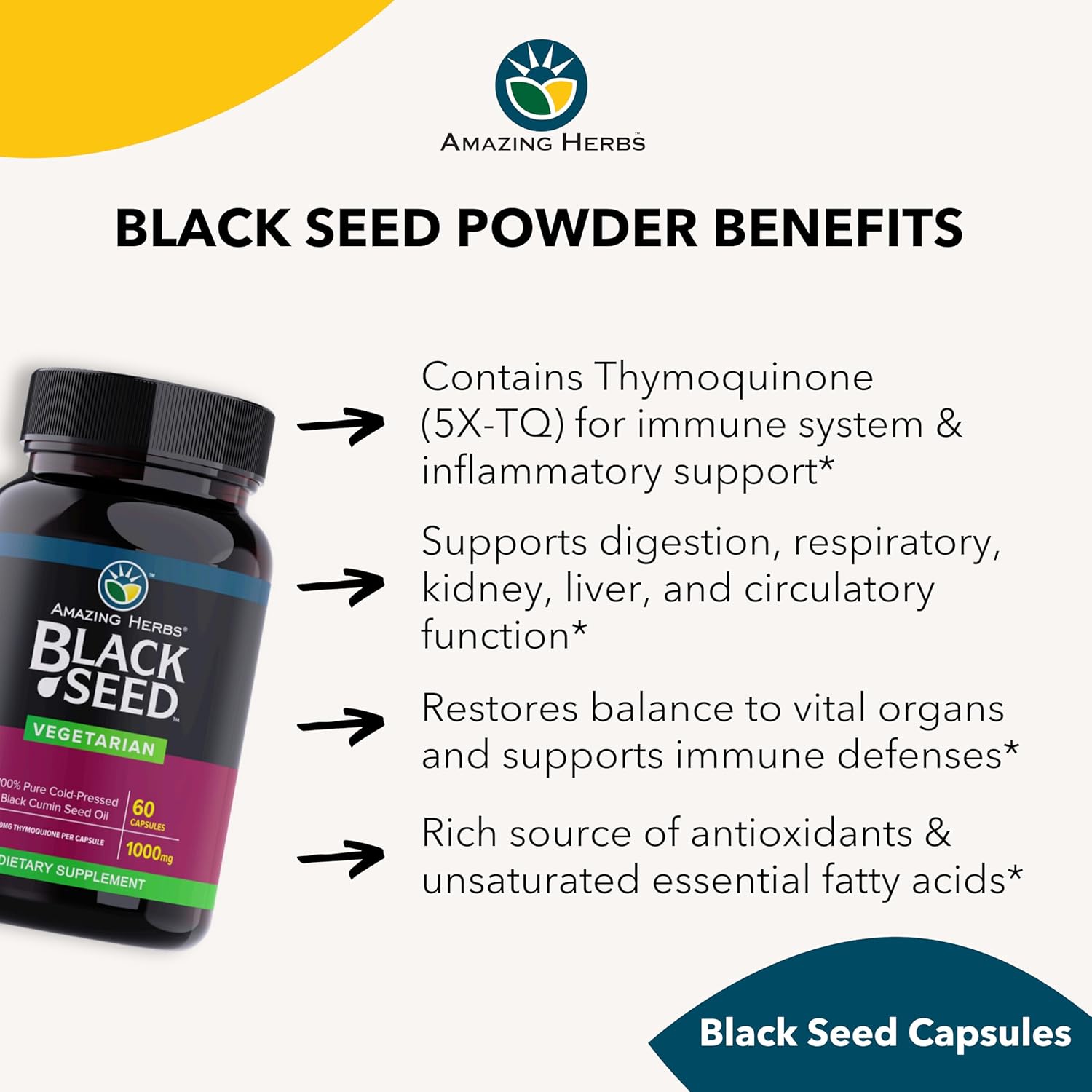 Pure Cold-Pressed Black Seed Oil Capsules - 1000mg Nigella Sativa Supplement - Non GMO Black Cumin Seed Oil Pills - 60 Vegetarian Capsules