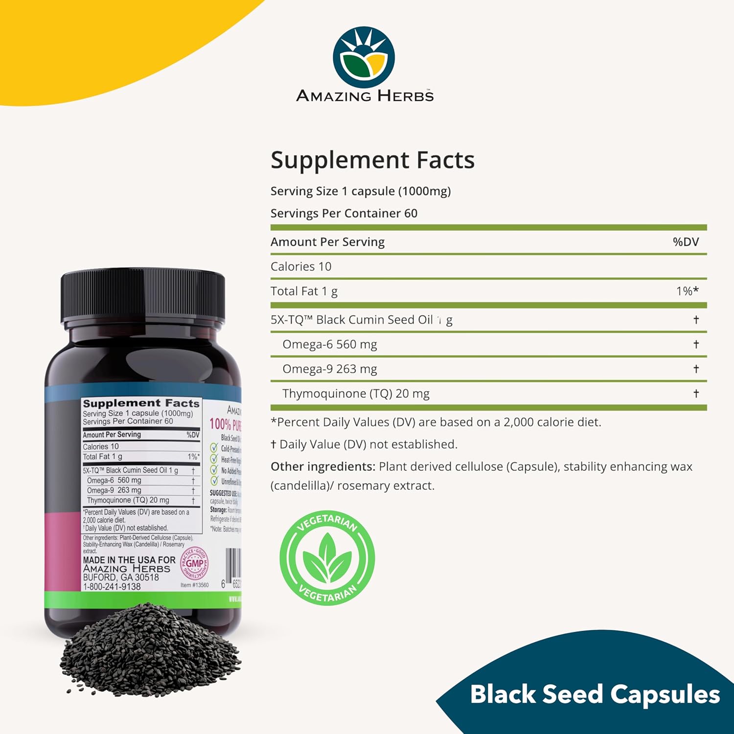 Pure Cold-Pressed Black Seed Oil Capsules - 1000mg Nigella Sativa Supplement - Non GMO Black Cumin Seed Oil Pills - 60 Vegetarian Capsules