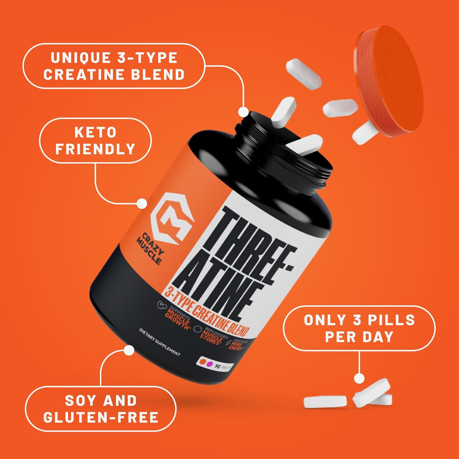 Pure Creatine Monohydrate Pills for Muscle Growth, 5g 3X Strength, Pre Workout Mass Gainer for Men and Women, 90 Tablets