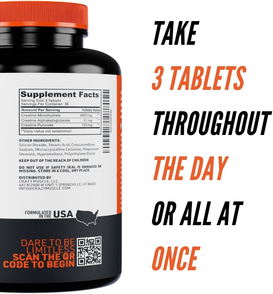 Pure Creatine Monohydrate Pills for Muscle Growth, 5g 3X Strength, Pre Workout Mass Gainer for Men and Women, 90 Tablets