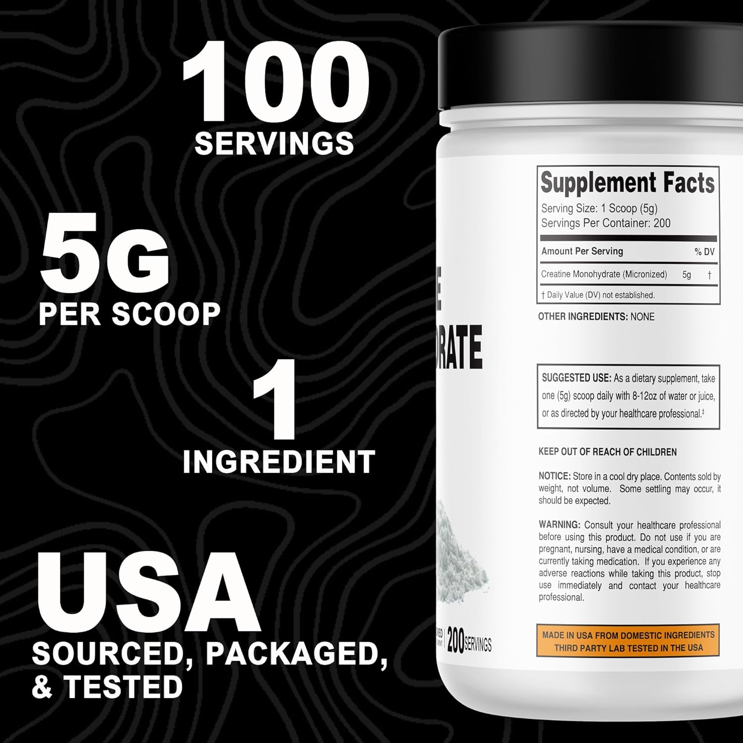 Pure Creatine Monohydrate Powder - 5g per Serving, Made in USA, 3rd Party Tested, No Fillers, Unflavored - 1000g / 200 Servings