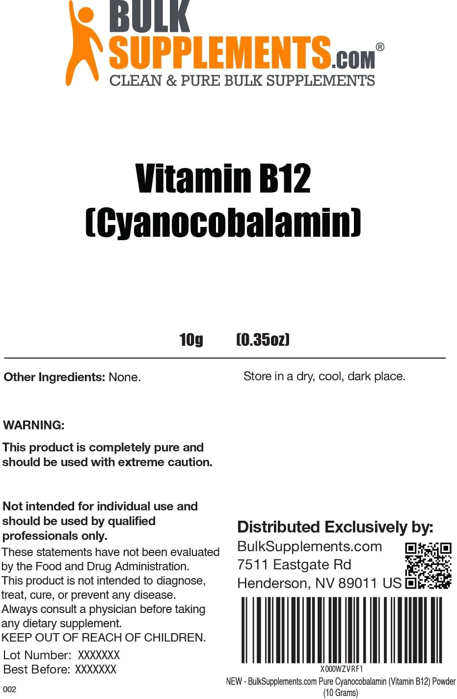 Pure Cyanocobalamin Vitamin B12 Powder Supplement - Bulk 10g (0.35 oz) - Multiple Servings, Pure B12 Product