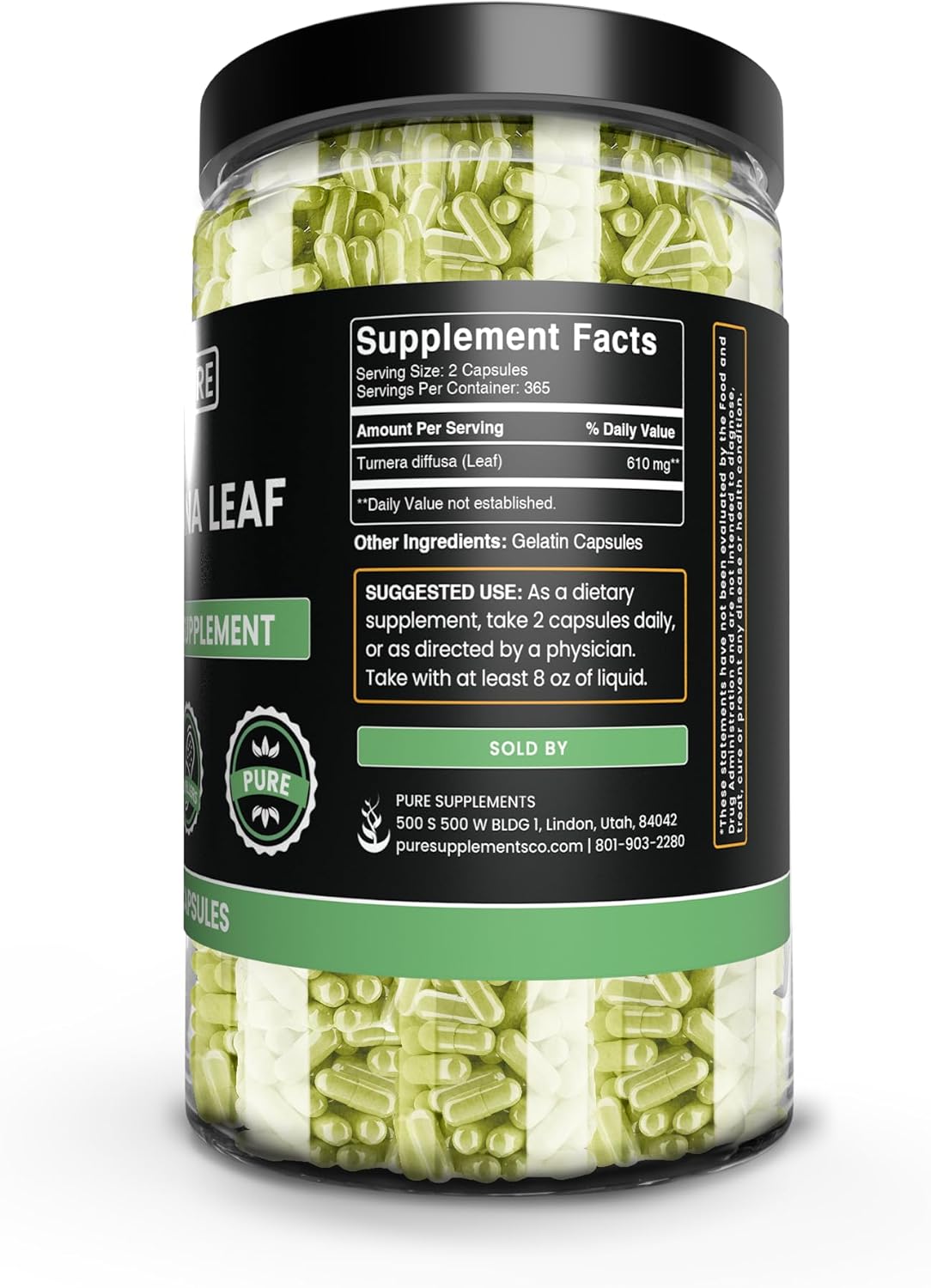 Pure Damiana Leaf Capsules - No Magnesium or Rice Fillers - Lab Verified - 730 Capsules