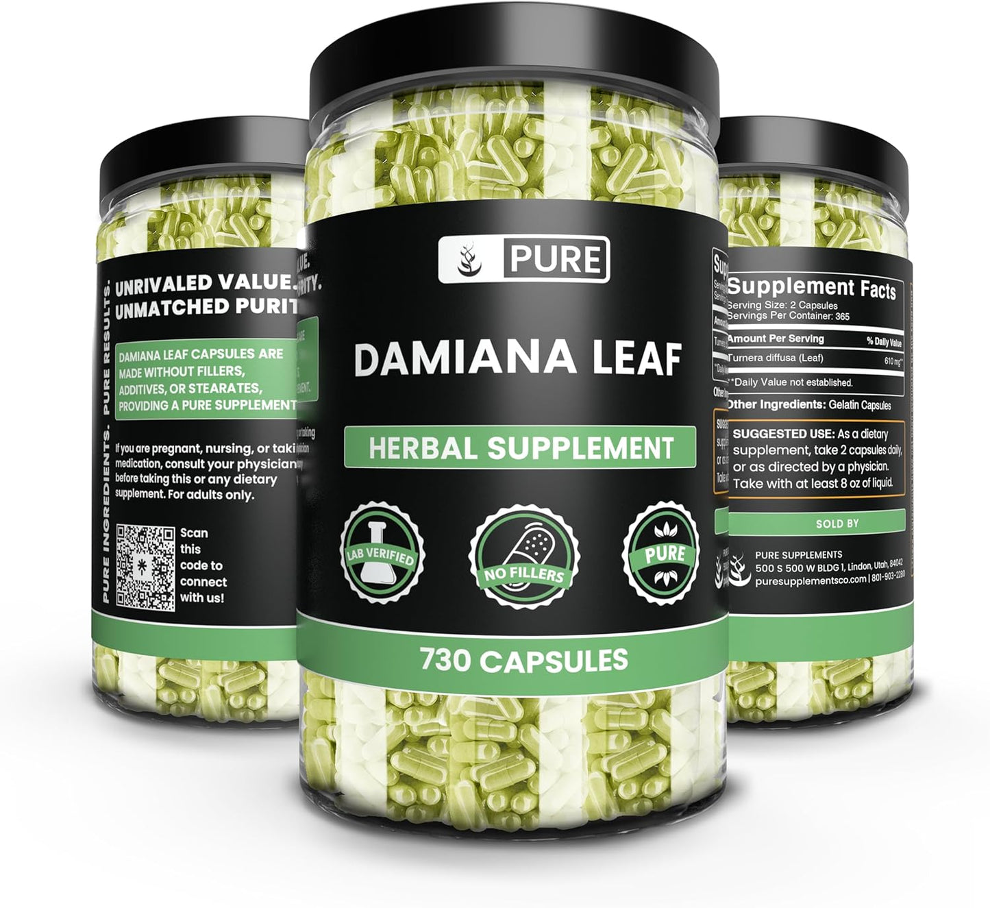 Pure Damiana Leaf Capsules - No Magnesium or Rice Fillers - Lab Verified - 730 Capsules