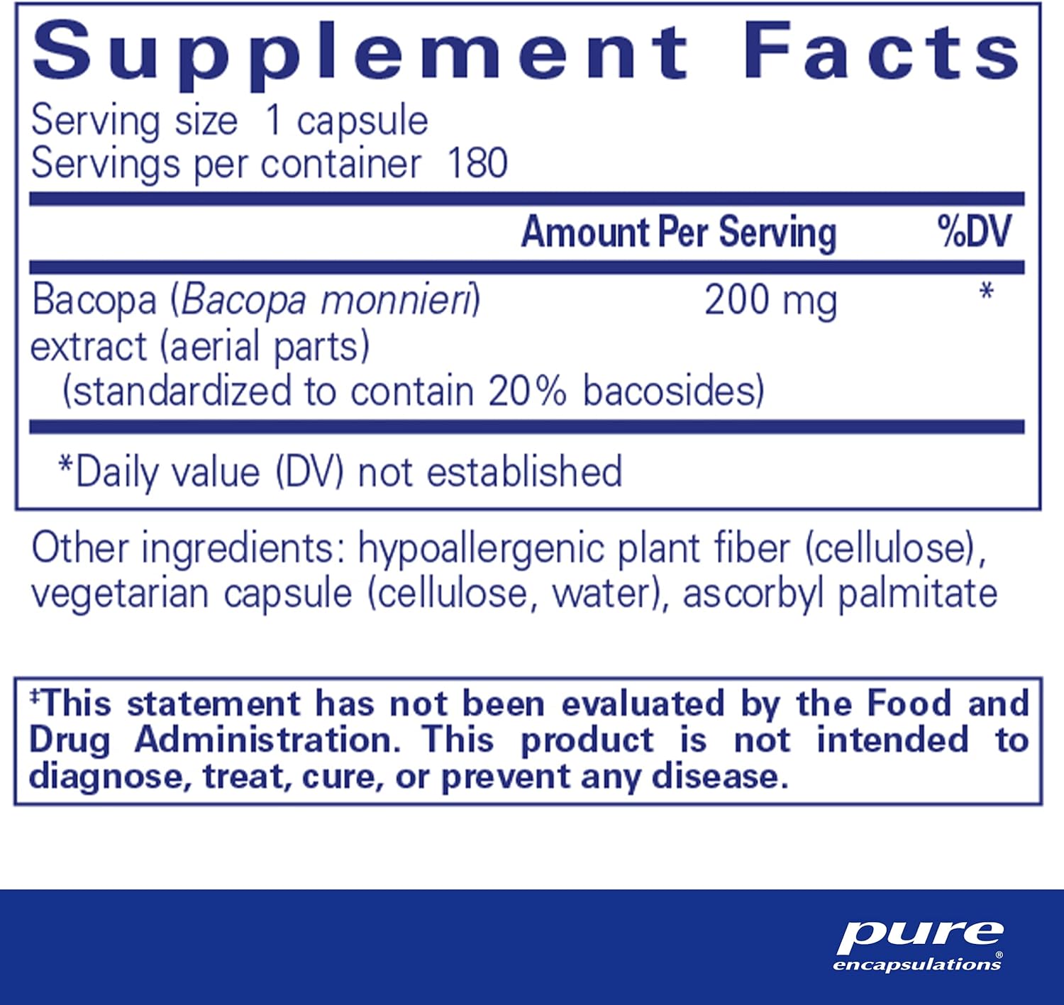 Pure Encapsulations Bacopa Monnieri Capsules - Brain, Memory, Concentration, Stress Support - 180 Count