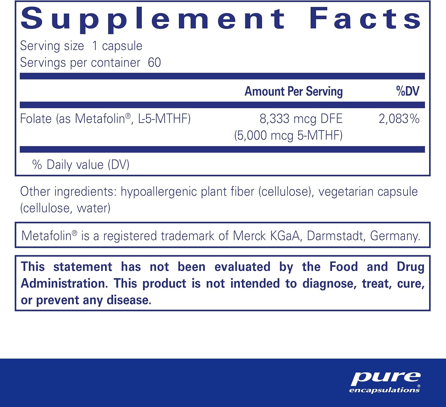 Pure Encapsulations Folate 5,000 - 60 Capsules - Activated Vitamin B9 as 5-Methyltetrahydrofolate
