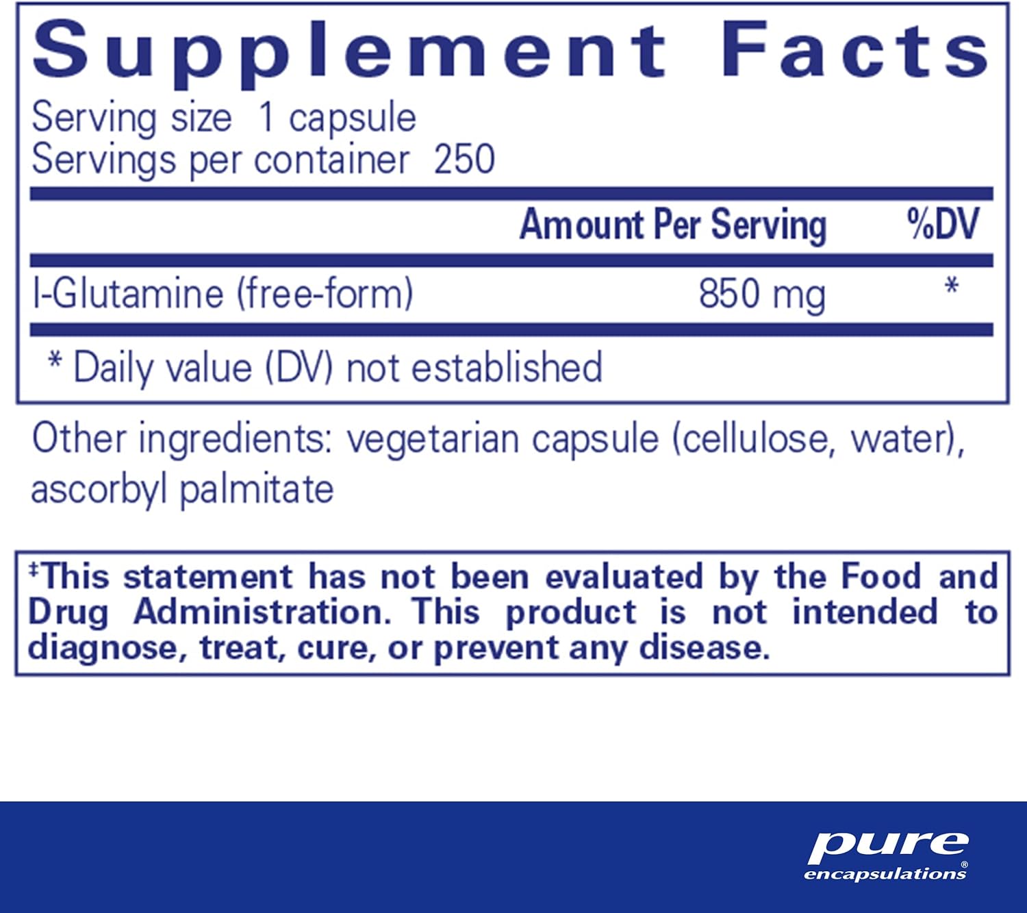 Pure Encapsulations L-Glutamine 850 mg Capsules - Supports Immune, Digestive, Gut Health, Metabolism, and Muscles - 250 Count