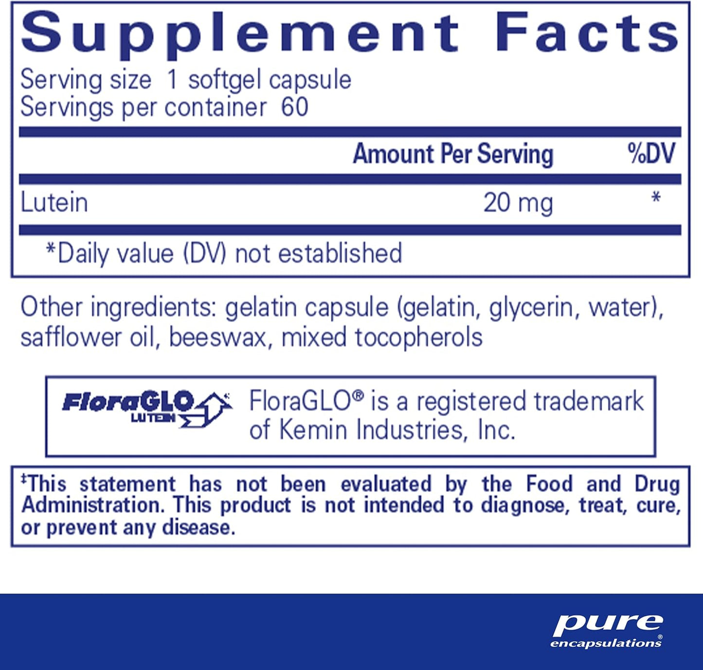 Pure Encapsulations Lutein 20 mg Softgel Capsules for Healthy Visual Function - 60 Antioxidant Support Hypoallergenic