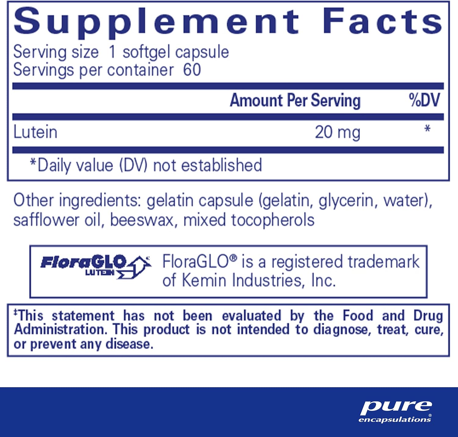 Pure Encapsulations Lutein 20 mg Softgel Capsules for Healthy Visual Function - 60 Antioxidant Support Hypoallergenic