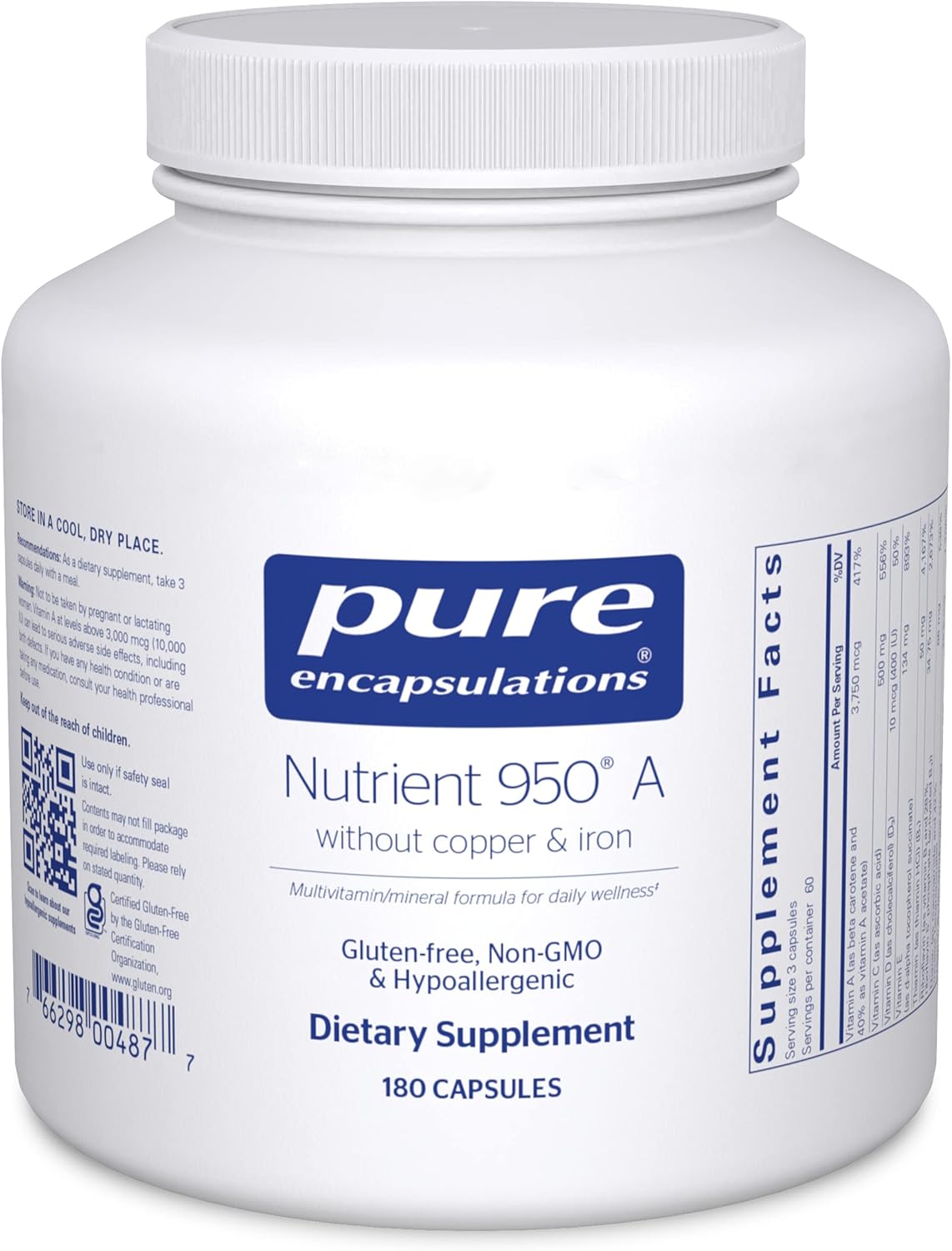 Pure Encapsulations Nutrient 950 A - Copper & Iron Free | Hypoallergenic Multi-Vitamin/Mineral Formula | 180 Capsules for Optimal Health