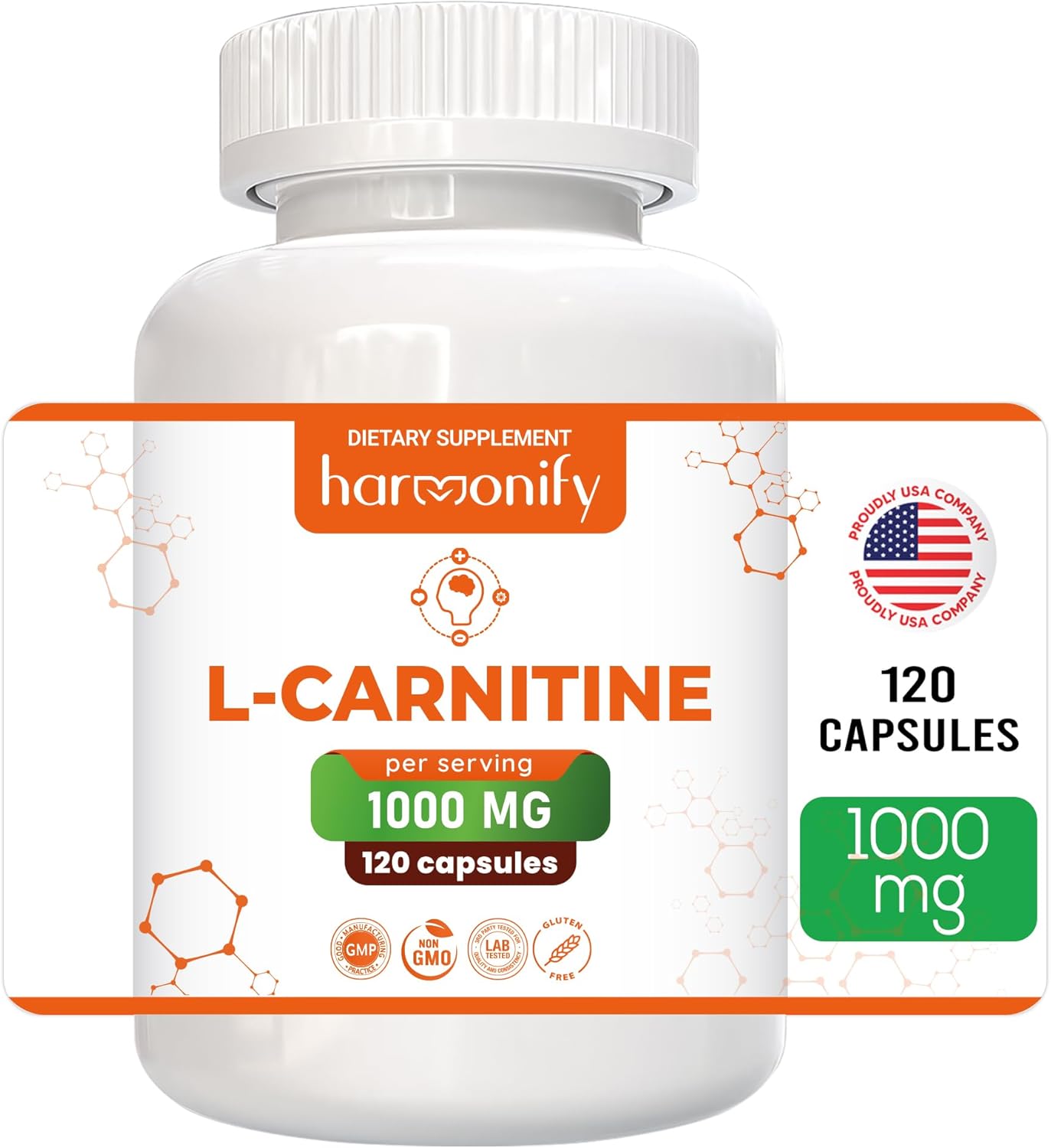 Pure Form L Carnitine Supplement - 1000mg per Serving - 120 Vegetarian Capsules - 60 Servings