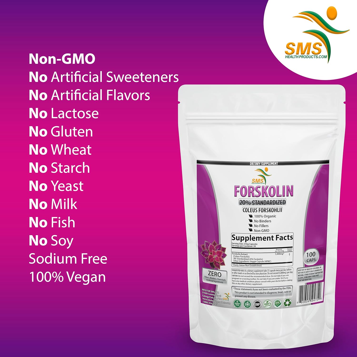 Pure Forskolin Extract Supplement with 20% Standardized Coleus Forskohlii - 1,000 mg Energy Booster for Women and Men - 100 Veggie Capsules
