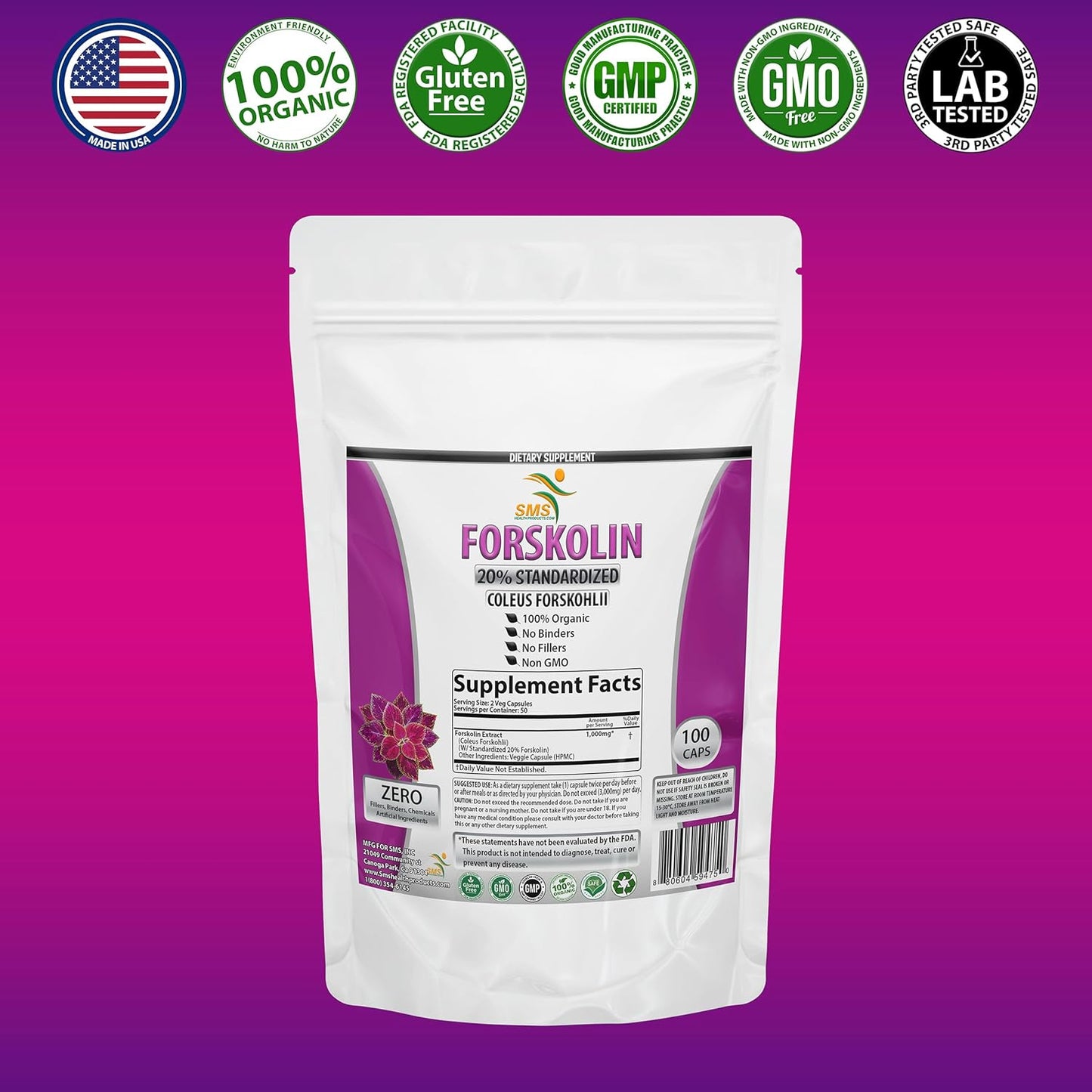 Pure Forskolin Extract Supplement with 20% Standardized Coleus Forskohlii - 1,000 mg Energy Booster for Women and Men - 100 Veggie Capsules