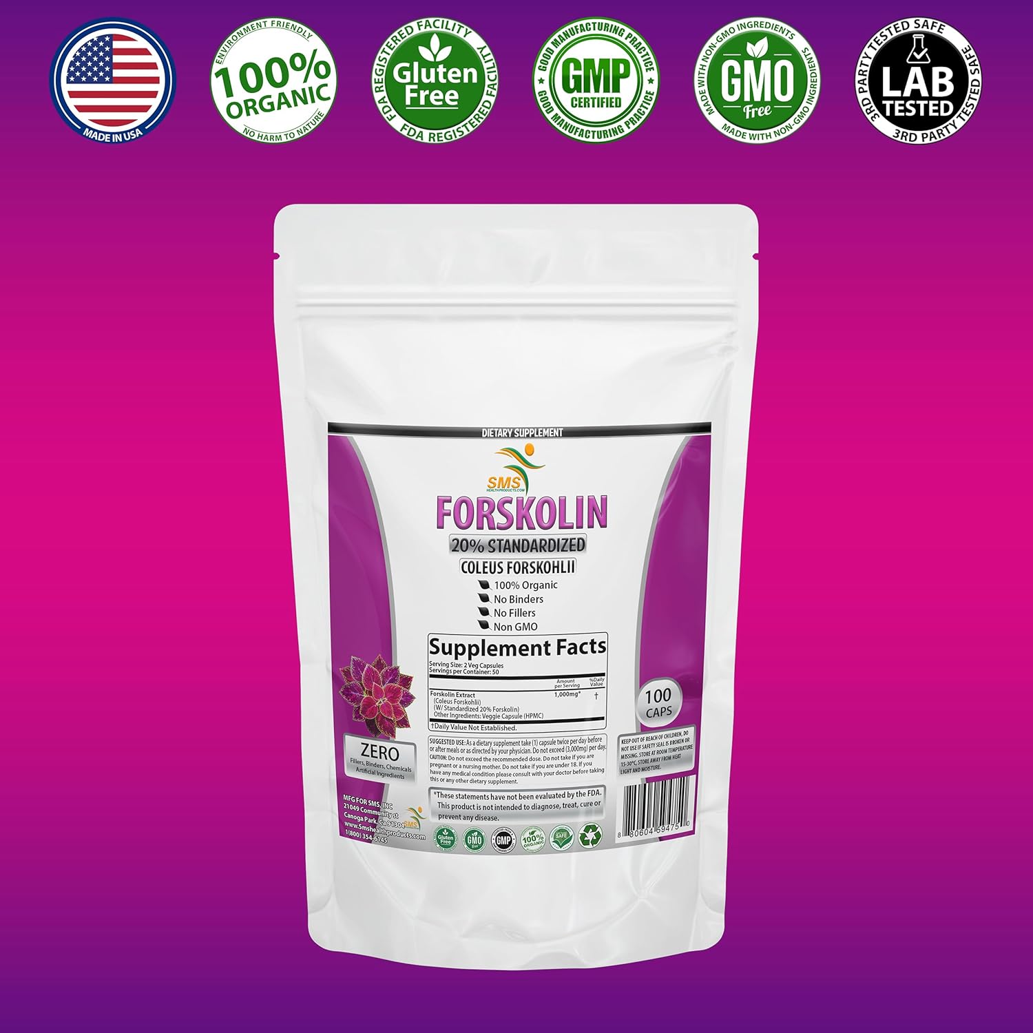 Pure Forskolin Extract Supplement with 20% Standardized Coleus Forskohlii - 1,000 mg Energy Booster for Women and Men - 100 Veggie Capsules