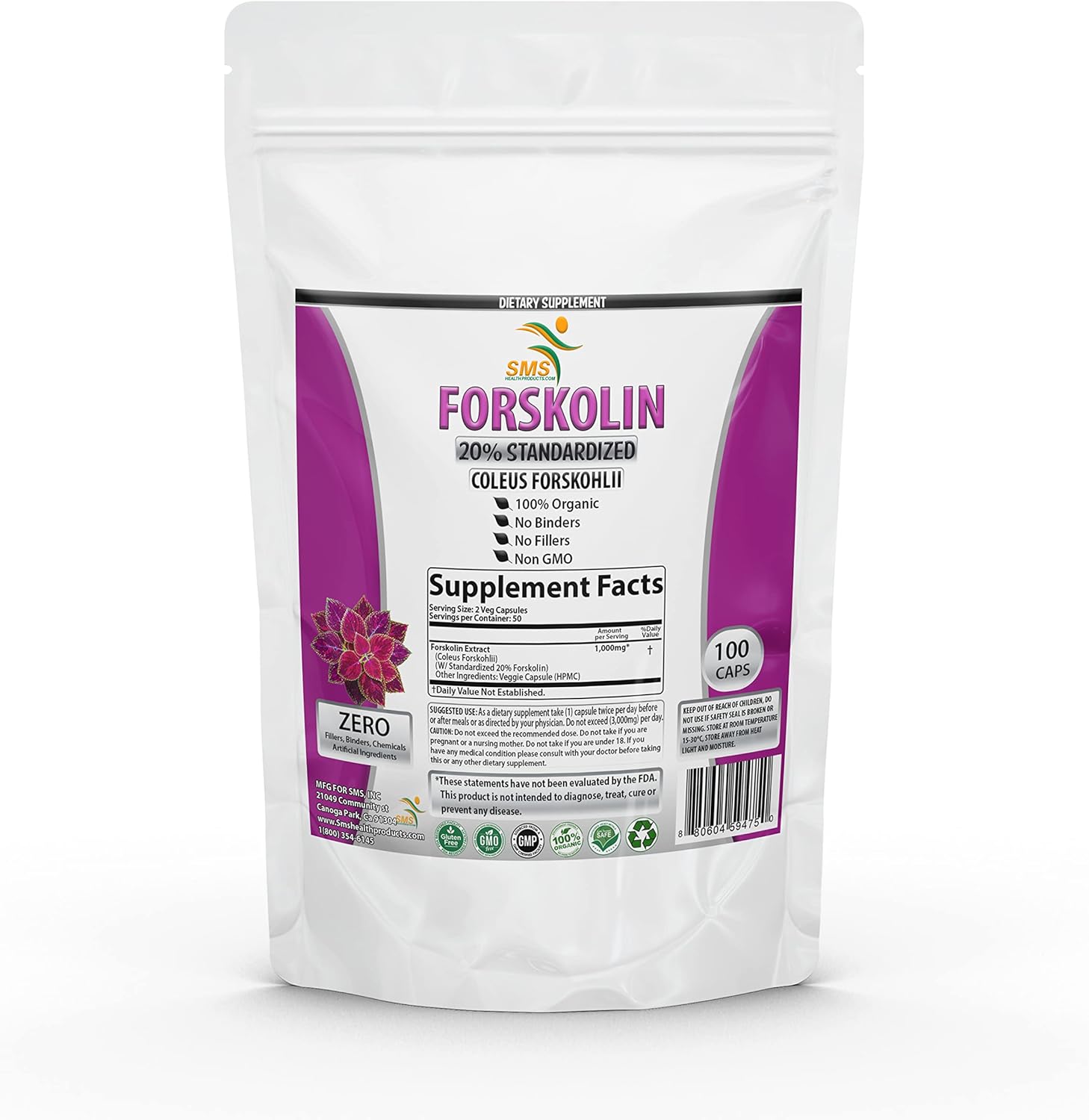 Pure Forskolin Extract Supplement with 20% Standardized Coleus Forskohlii - 1,000 mg Energy Booster for Women and Men - 100 Veggie Capsules