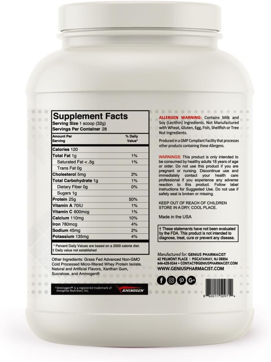 Pure Genius Pharmacist Vanilla Whey Isolate Protein Powder - 2lb (909g) - 28 Servings