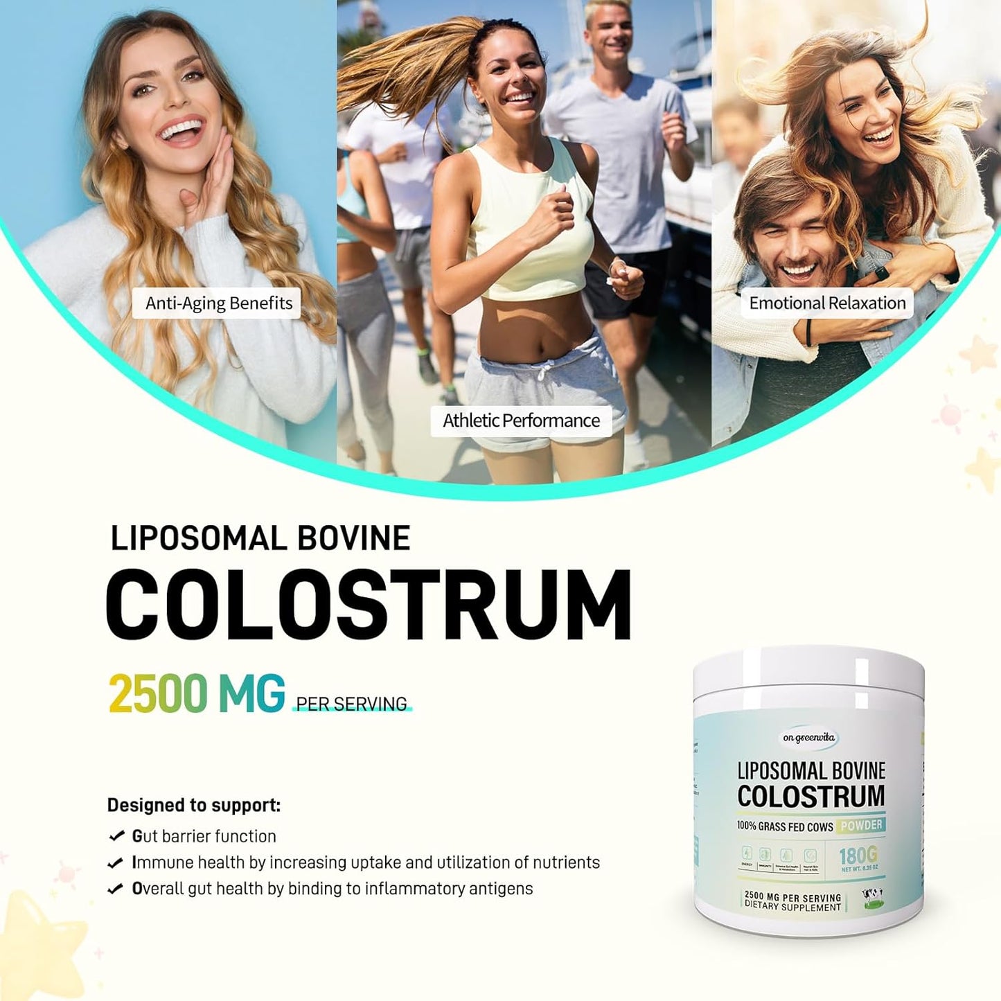 Pure Grass-Fed Liposomal Bovine Colostrum Powder - 72 Servings, 180g - Gut & Immune Support, Hair Growth - Human Supplement